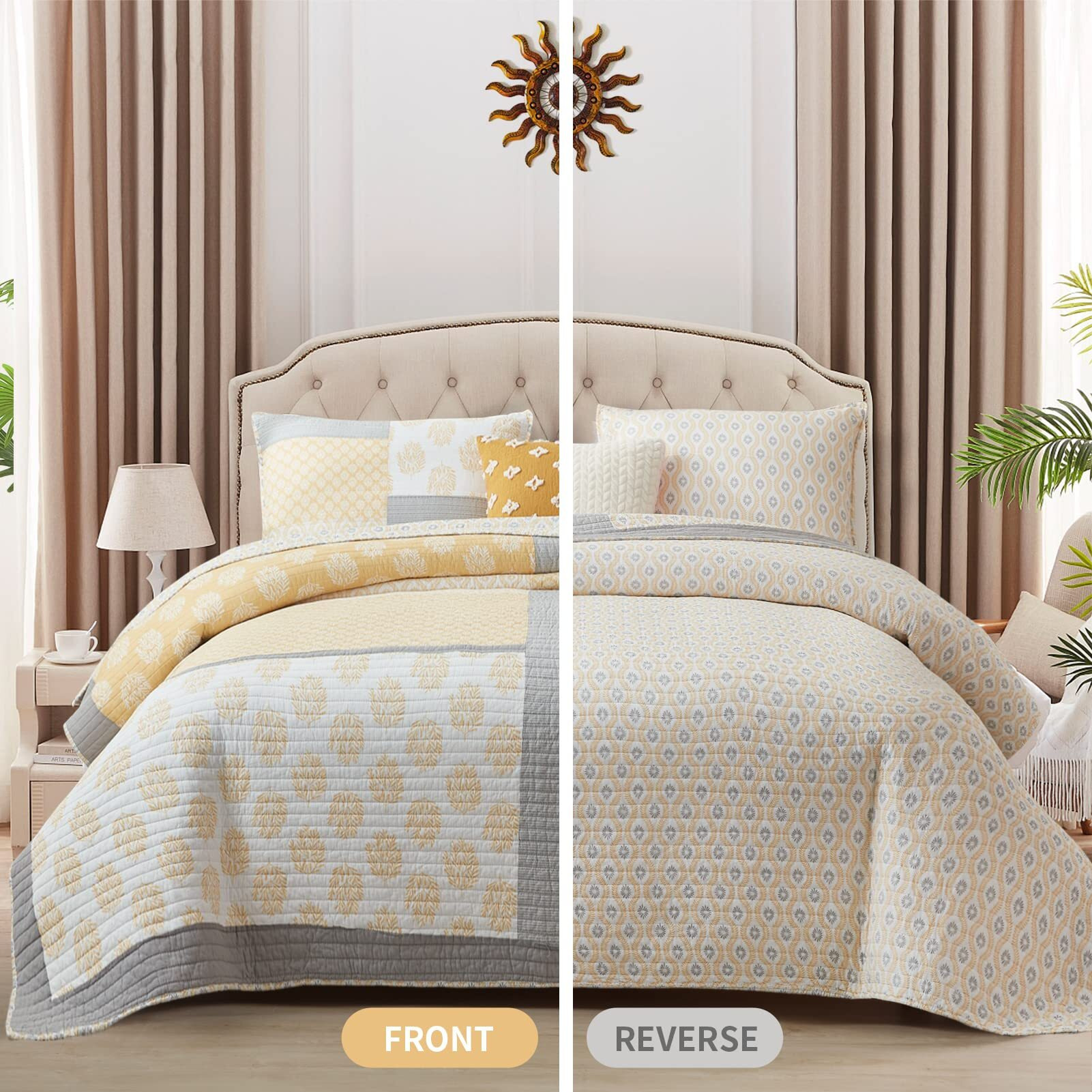Y-Plwomen Quilts Queen Size, 100% Cotton Lightweight Soft Queen Quilt, Patchwork Reversible Bedspread Sets, Yellow Grey White Floral Quilt Bedding Set For All Season, 3-Pieces