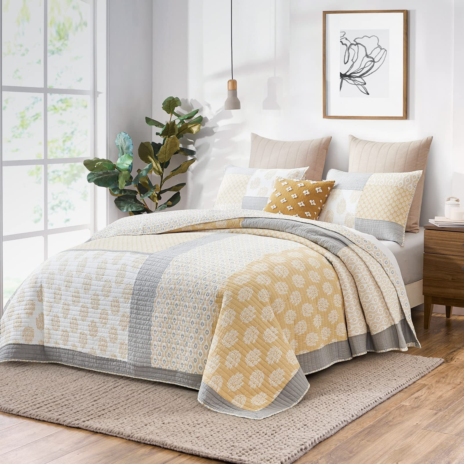 Y-Plwomen Quilts Queen Size, 100% Cotton Lightweight Soft Queen Quilt, Patchwork Reversible Bedspread Sets, Yellow Grey White Floral Quilt Bedding Set For All Season, 3-Pieces