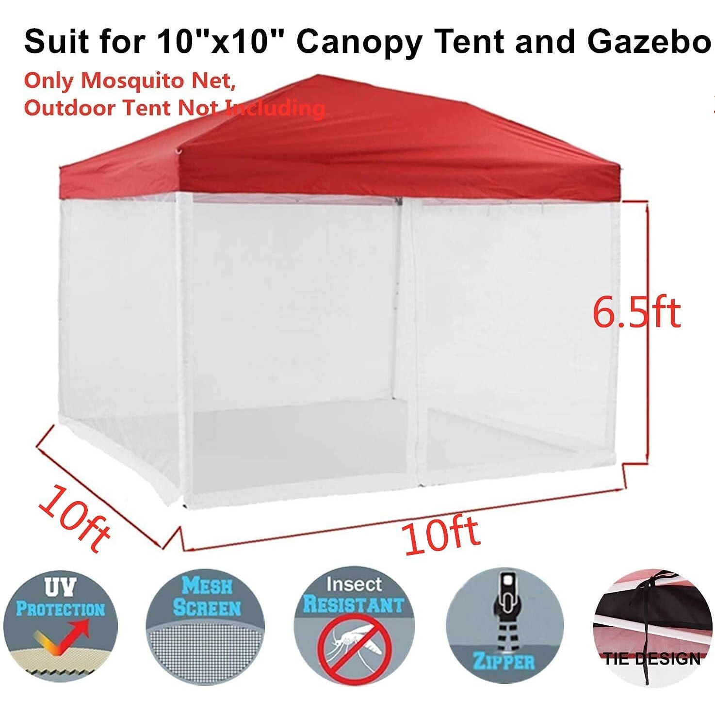 Mosquito Net For Outdoor Patio And Garden, Screen House For Camping And Deck, Gazebo Screenroom, Zippered Mesh Sidewalls For 10X 10 Gazebo (White)