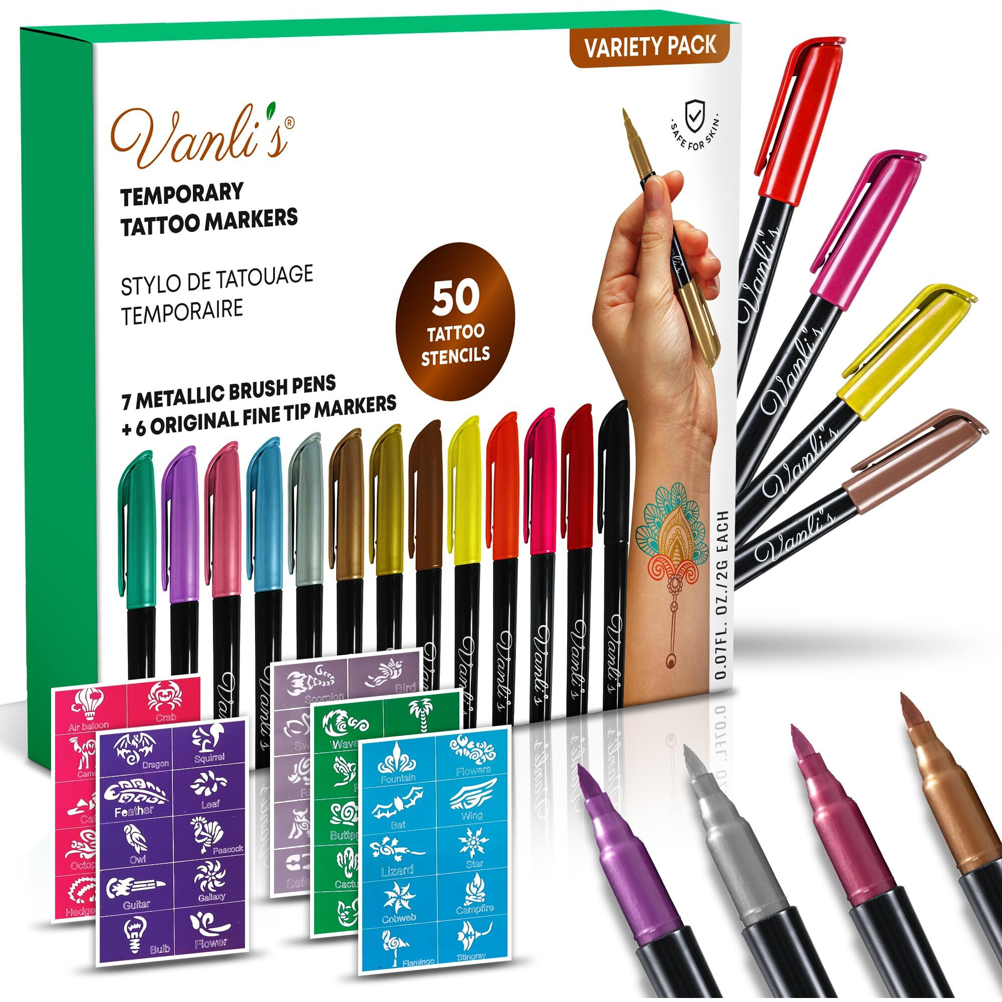 Vanli's Temporary Tattoo Markers - Stocking Stuffers For Teens, Kids, Adults, Trendy Body Marker, Skin Safe & Colored Ink Tattoo Pens For Body & Face Art With 50 Tattoo Stencil Papers, 13 Pens-Variety