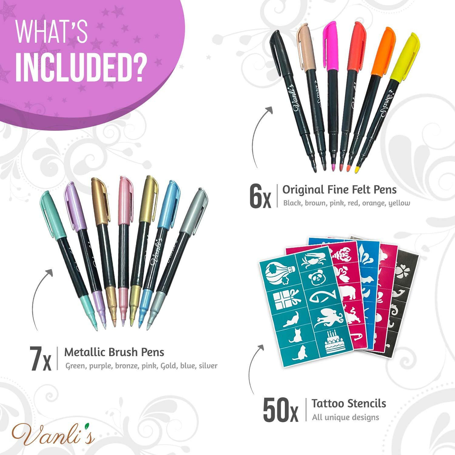 Vanli's Temporary Tattoo Markers - Stocking Stuffers For Teens, Kids, Adults, Trendy Body Marker, Skin Safe & Colored Ink Tattoo Pens For Body & Face Art With 50 Tattoo Stencil Papers, 13 Pens-Variety