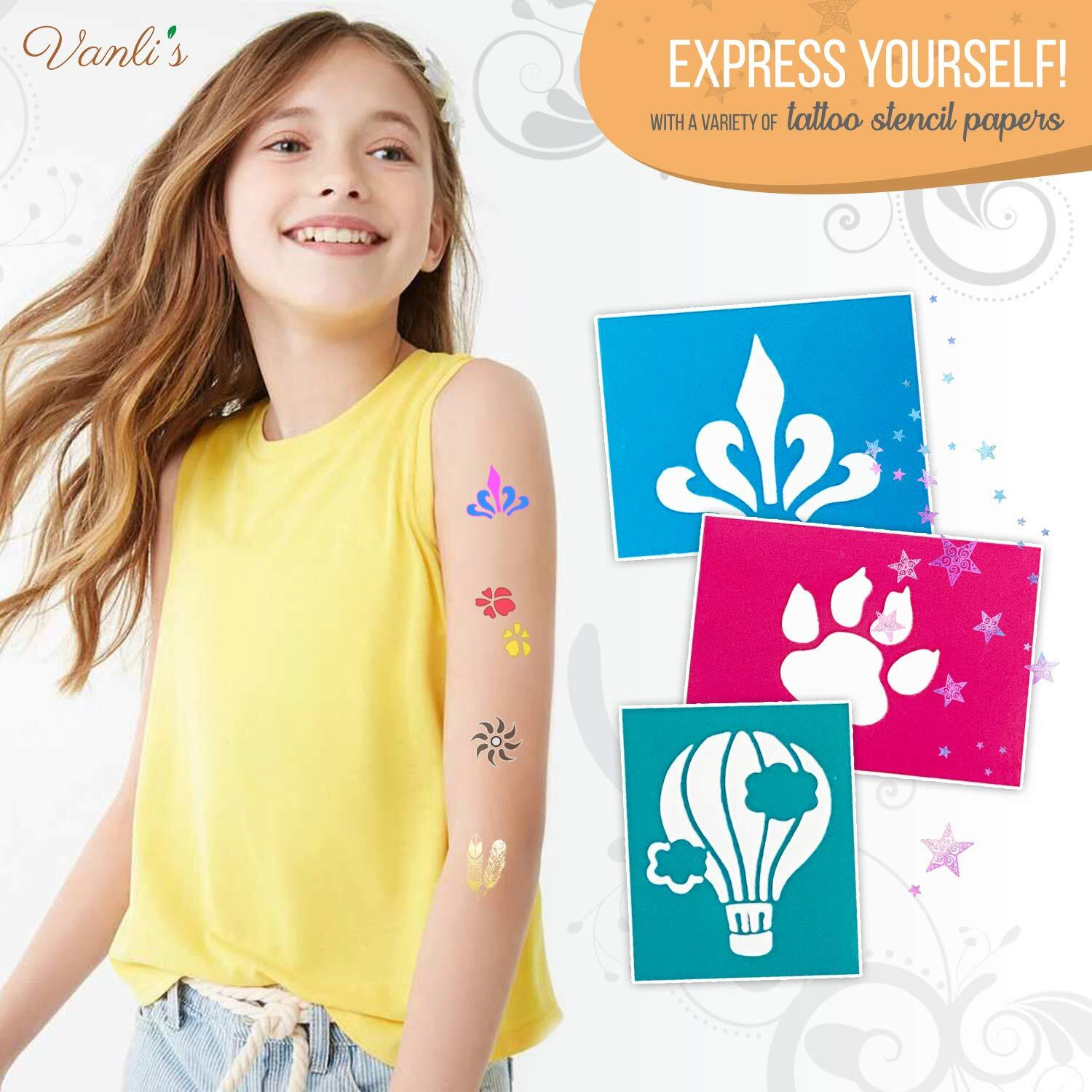 Vanli's Temporary Tattoo Markers - Stocking Stuffers For Teens, Kids, Adults, Trendy Body Marker, Skin Safe & Colored Ink Tattoo Pens For Body & Face Art With 50 Tattoo Stencil Papers, 13 Pens-Variety