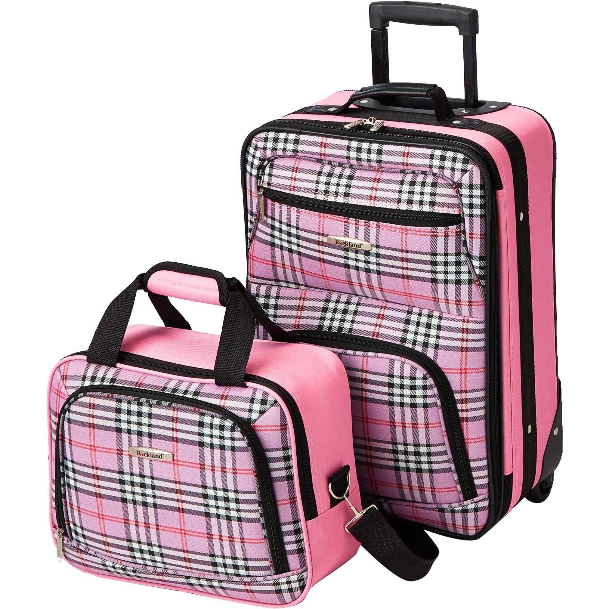 Rockland Fashion Softside Upright Luggage Set,Expandable,Lightweight,Telescopic Handle,Wheel, Pink Cross, 2-Piece Set (14/19)