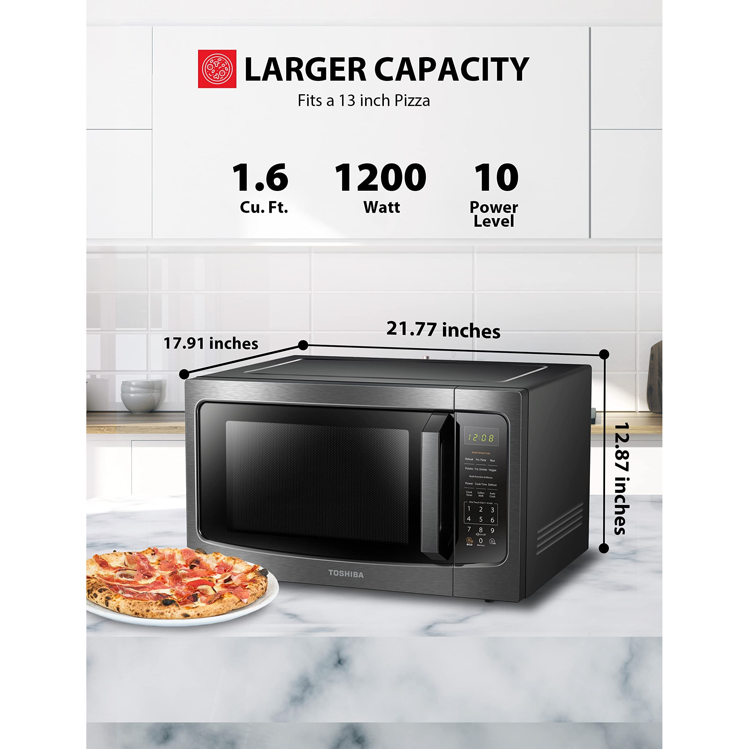Toshiba Ml-Em45P(Bs) Countertop Microwave Oven With Smart Sensor And Position Memory Turntable, Function, 1.6 Cu.Ft 13.6"" Removable Black Stainless Steel, 1200W