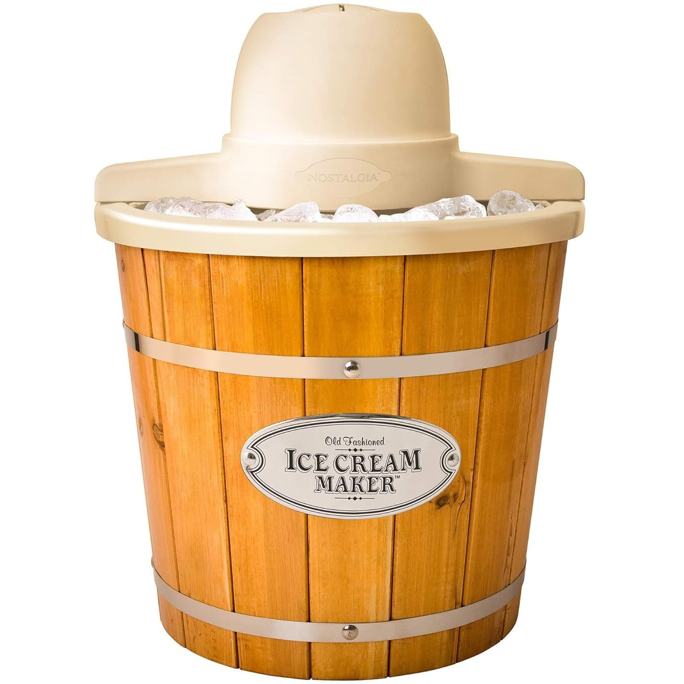 Nostalgia Electric Ice Cream Maker - Old Fashioned Soft Serve Ice Cream Machine Makes Frozen Yogurt Or Gelato In Minutes - Fun Kitchen Appliance - Vintage Wooden Style - Light Wood - 4 Quart