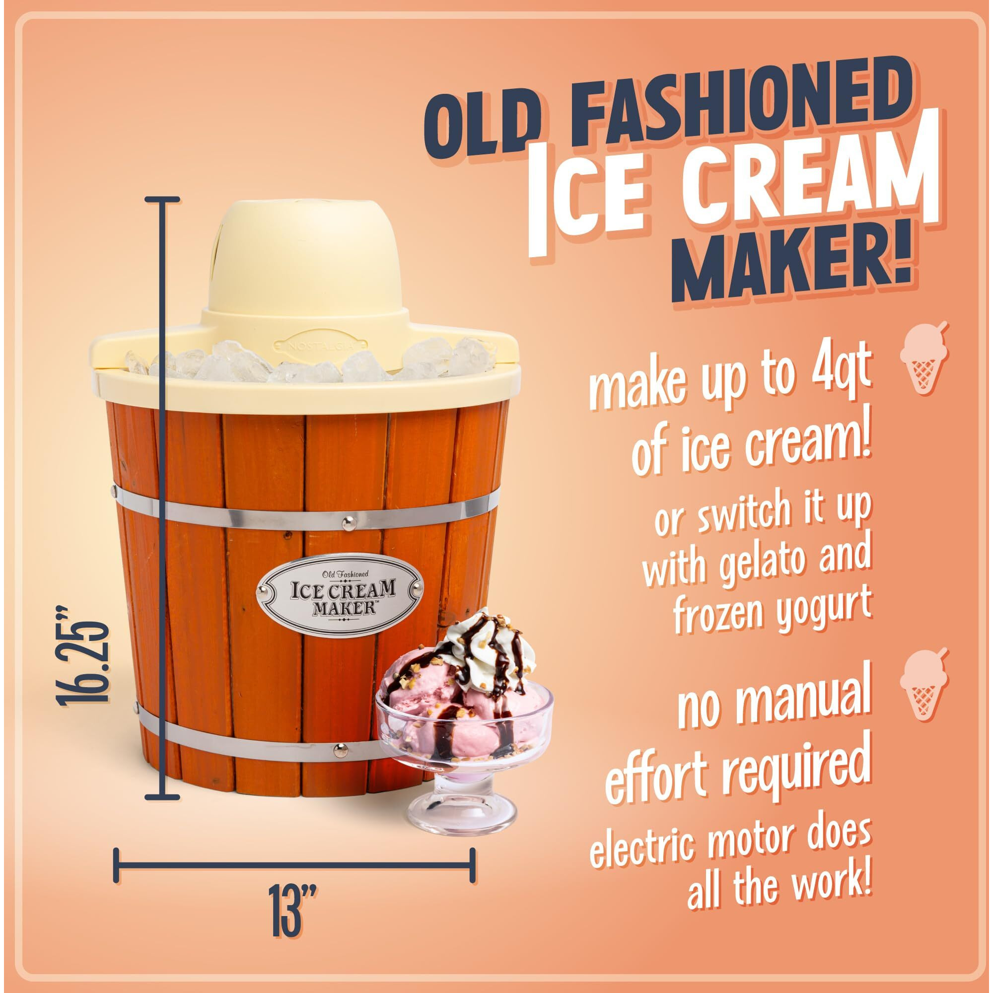 Nostalgia Electric Ice Cream Maker - Old Fashioned Soft Serve Ice Cream Machine Makes Frozen Yogurt Or Gelato In Minutes - Fun Kitchen Appliance - Vintage Wooden Style - Light Wood - 4 Quart
