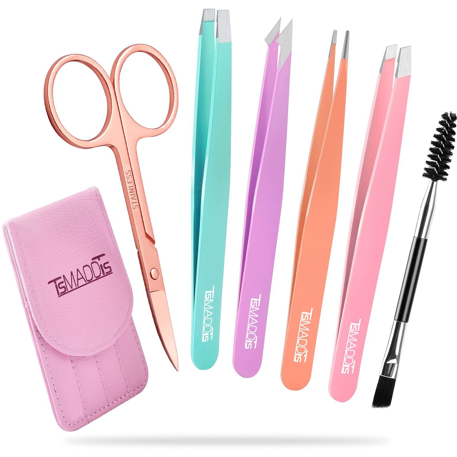 Tsmaddts Eyebrow Tweezer Set, 6 Pcs Tweezers Set For Women, Precision Tweezer For Eyebrows With Curved Scissors For Ingrown Hair, Hair Plucking Daily Beauty Tools With Leather Travel Case