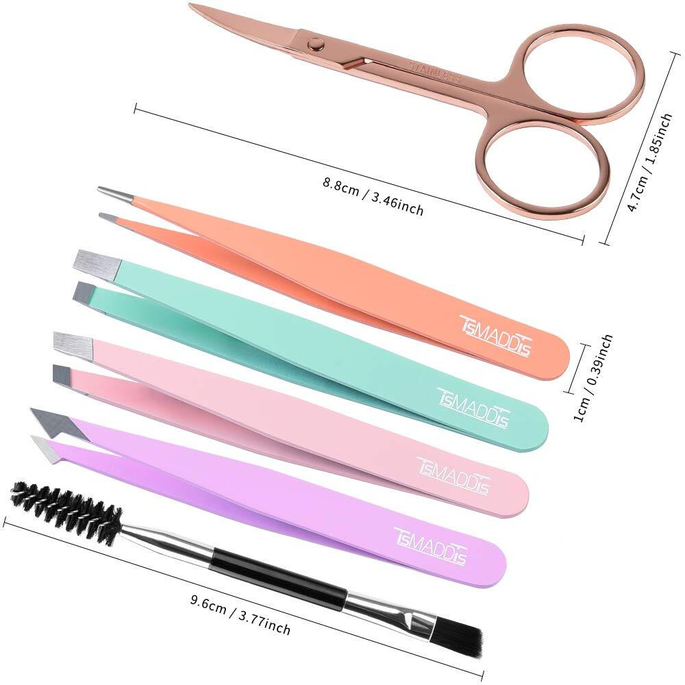 Tsmaddts Eyebrow Tweezer Set, 6 Pcs Tweezers Set For Women, Precision Tweezer For Eyebrows With Curved Scissors For Ingrown Hair, Hair Plucking Daily Beauty Tools With Leather Travel Case