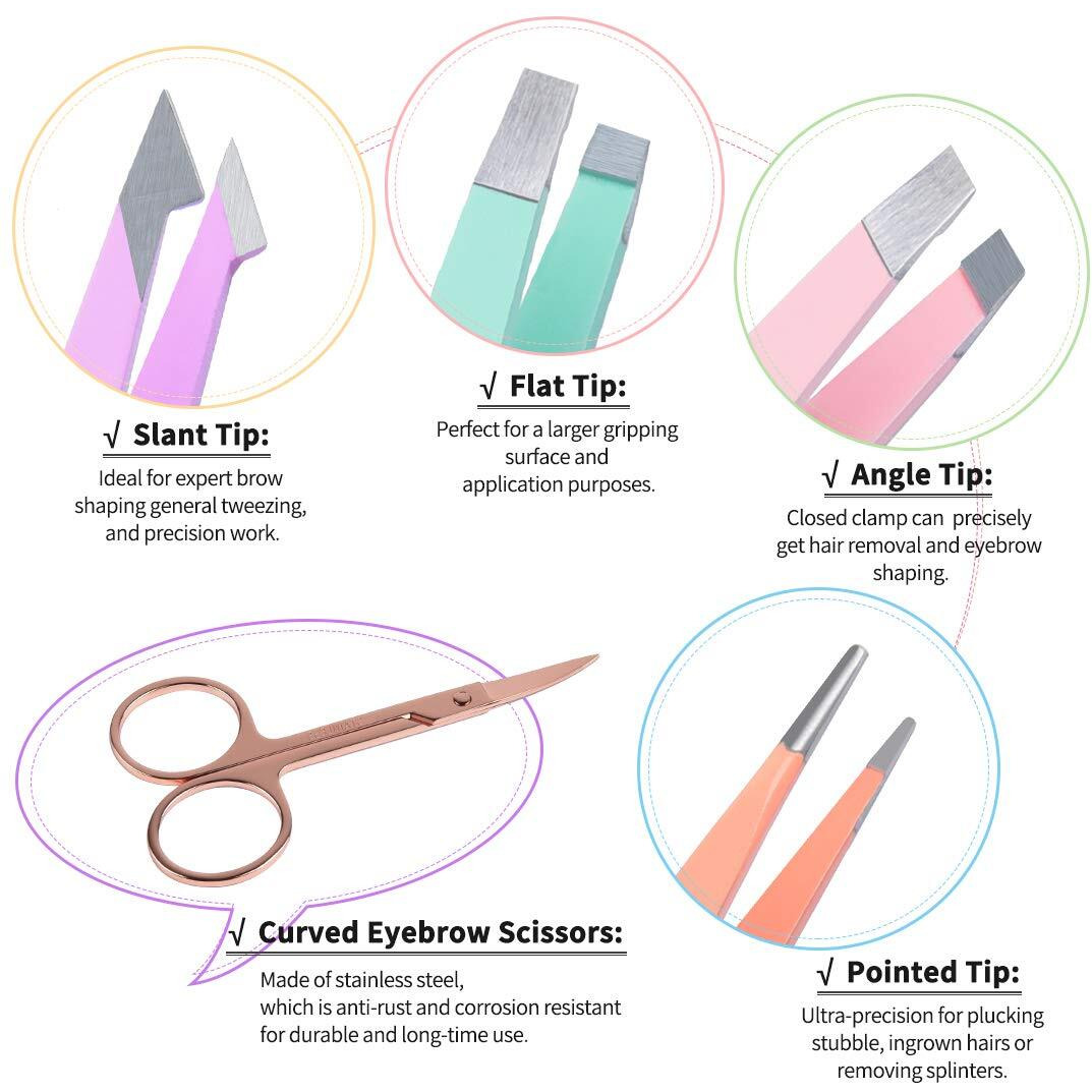 Tsmaddts Eyebrow Tweezer Set, 6 Pcs Tweezers Set For Women, Precision Tweezer For Eyebrows With Curved Scissors For Ingrown Hair, Hair Plucking Daily Beauty Tools With Leather Travel Case