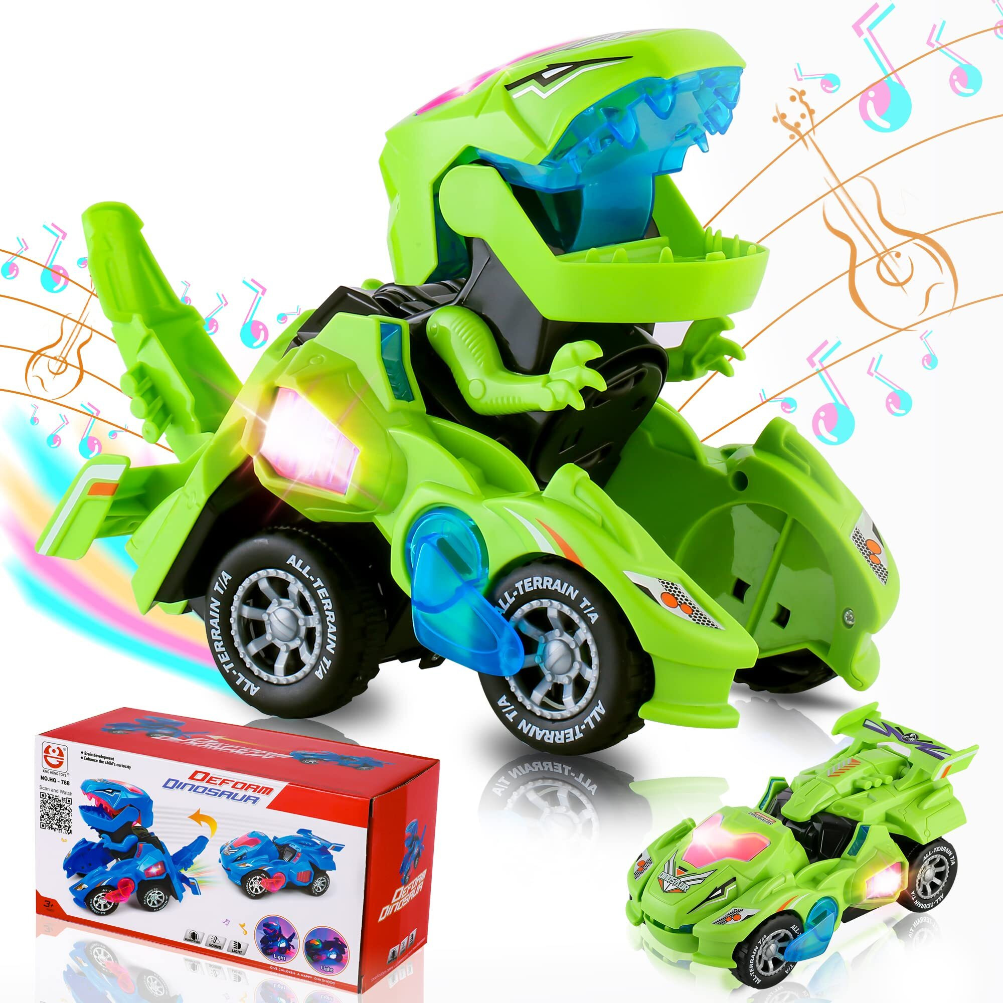 Hirger Transforming Car Dinosaur Toy For Kids 2-5 Dino Transformer Toy Car With Light Music For Toddlers 1-3 | Christmas Birthday Gifts For Boys Age 4-6