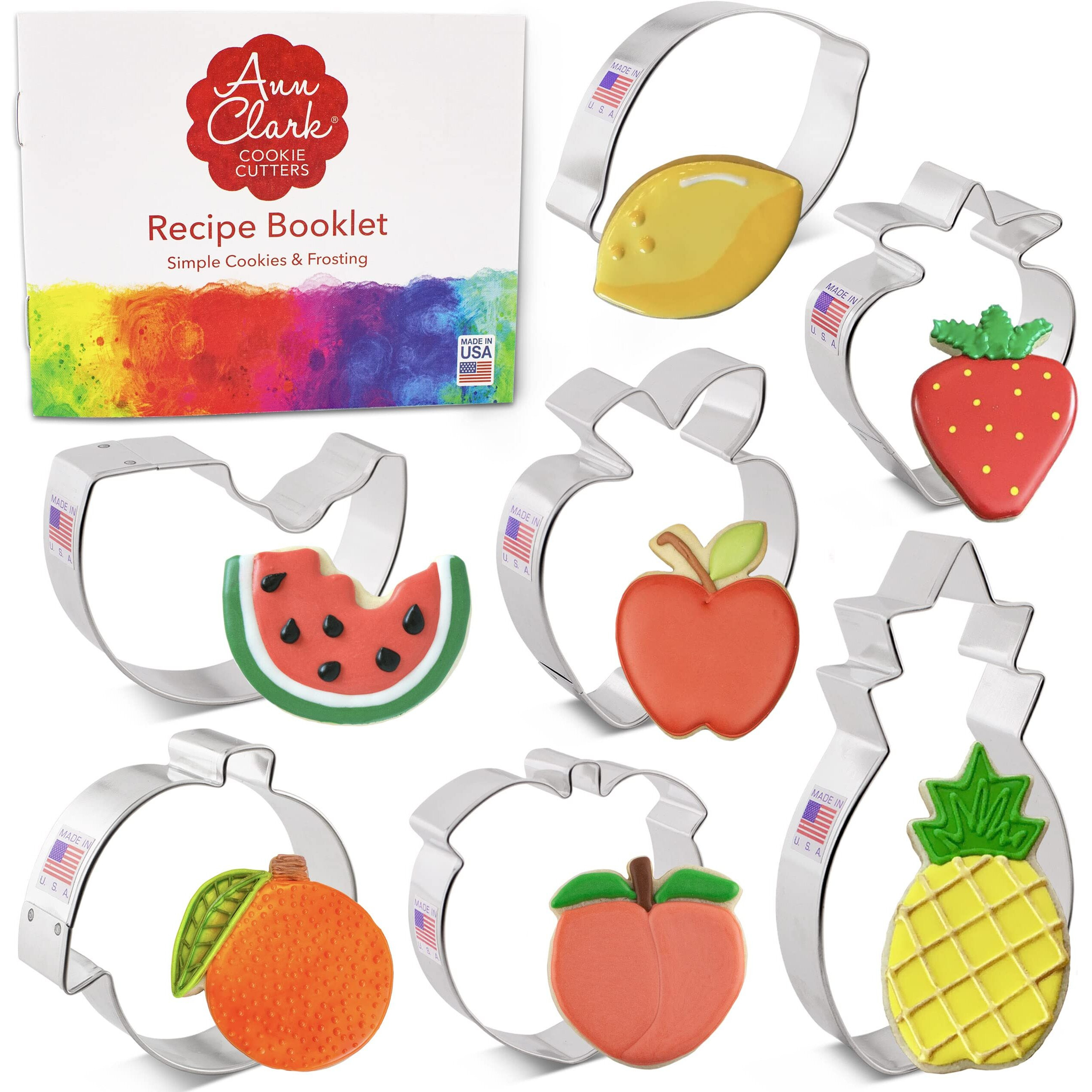Fruit Basket Cookie Cutters 7-Pc. Set Made In The Usa By Ann Clark, Lemon, Peach, Pineapple, Watermelon, Orange, Strawberry, Apple