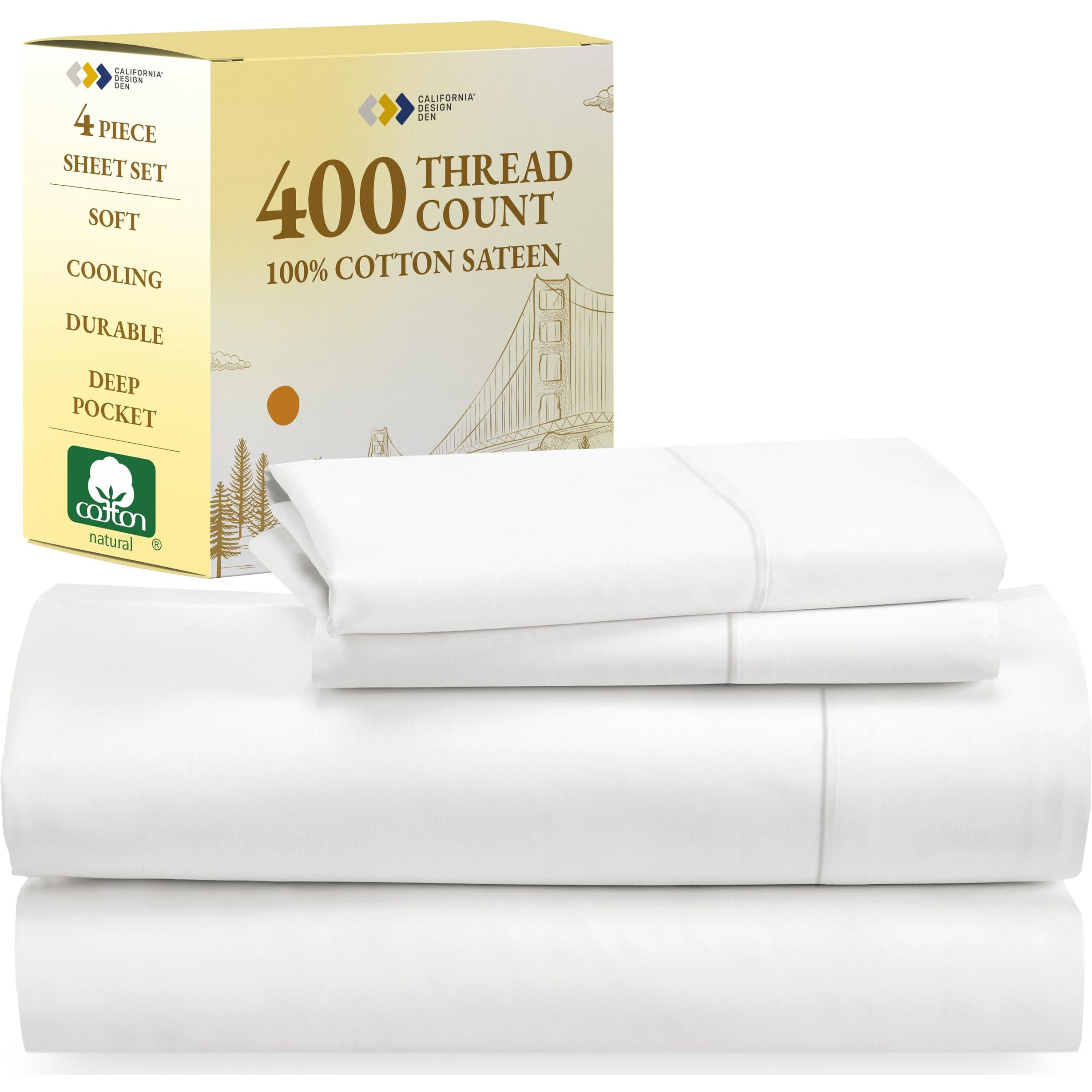 California Design Den 400 Thread Count 100% Cotton Sheets, King Size Sheet Set, Luxury Sheets & Pillowcases, Breathable Bedding For King Bed, Sateen King Bed Sheets With Deep Pockets (Antique White)