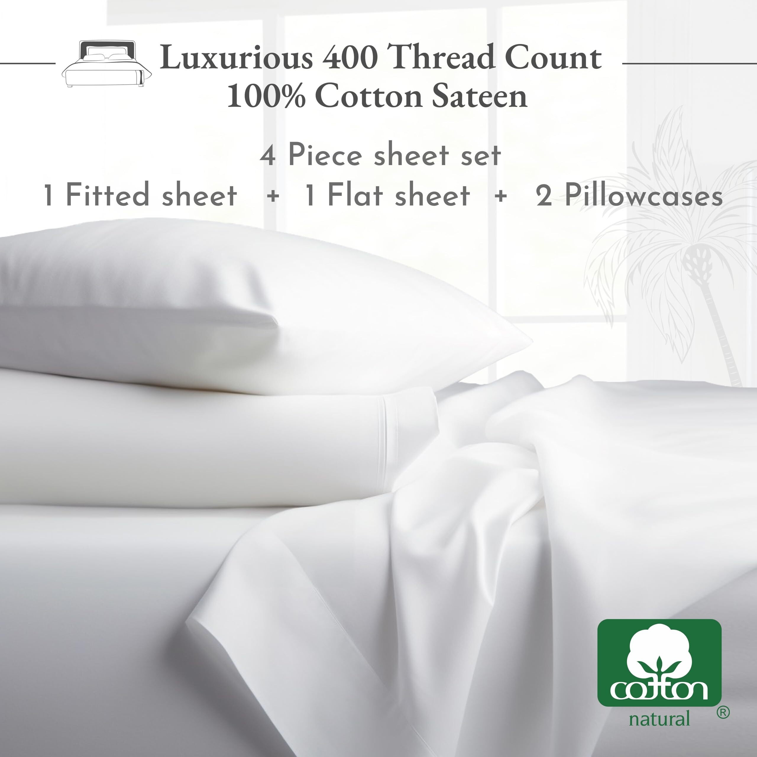 California Design Den 400 Thread Count 100% Cotton Sheets, King Size Sheet Set, Luxury Sheets & Pillowcases, Breathable Bedding For King Bed, Sateen King Bed Sheets With Deep Pockets (Antique White)