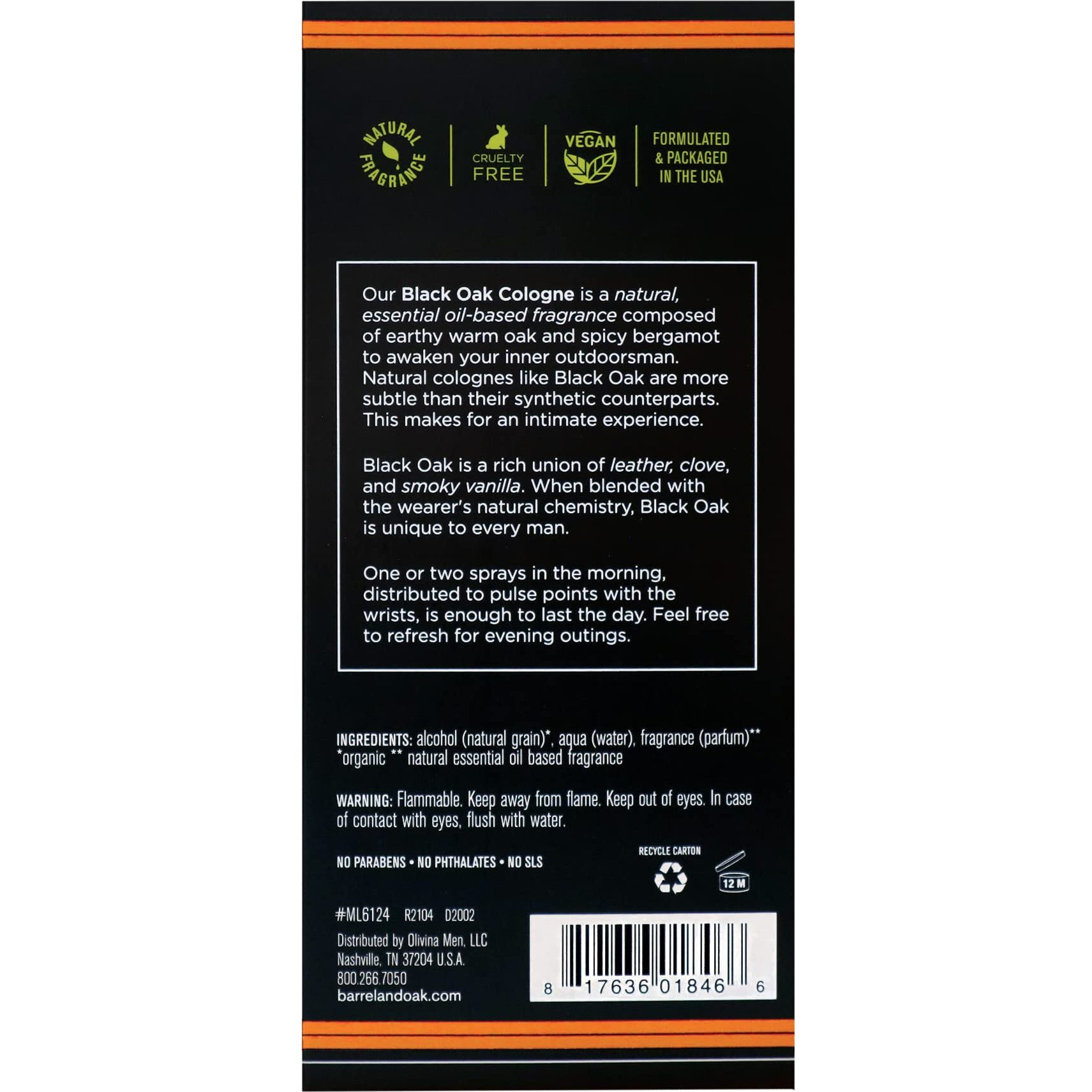 Barrel And Oak - Natural Fragrance Cologne, Cologne For Men, Eau De Cologne, Essential Oil-Based Scent, Warm Oak & Spicy Bergamot, Subtle Earthy Fragrance, Paraben & Sls Free (Black Oak, 2.7Oz)
