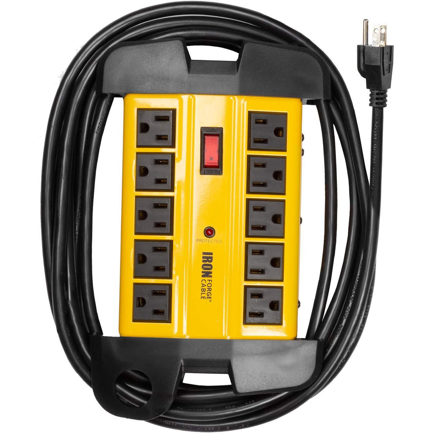 Iron Forge Cable 10 Outlet Heavy Duty Surge Protector Power Strip With Built-In Circuit Breaker, 14/3 Sjt Industrial Black & Yellow Metal Surge Suppressor With 15 Ft Long Extension Cord, Etl Certified