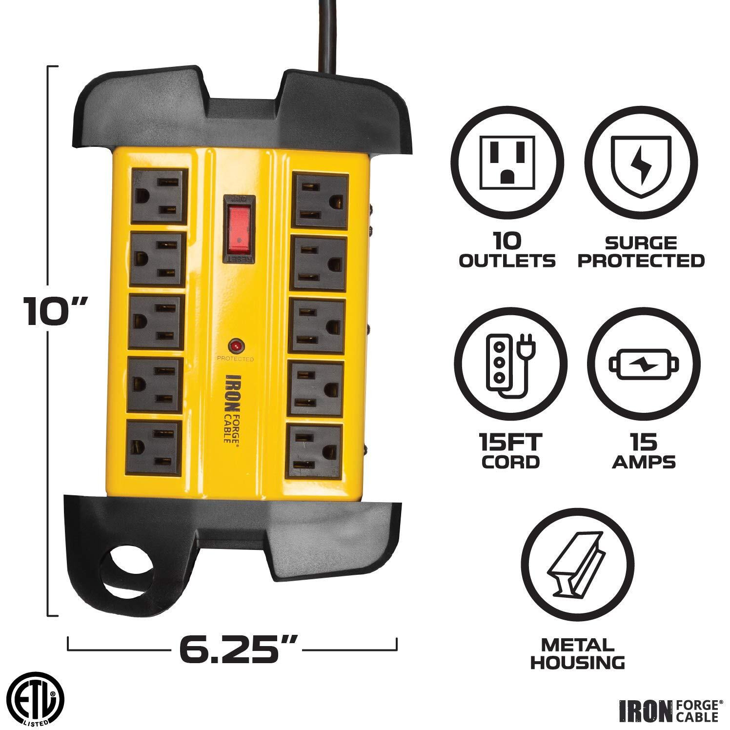 Iron Forge Cable 10 Outlet Heavy Duty Surge Protector Power Strip With Built-In Circuit Breaker, 14/3 Sjt Industrial Black & Yellow Metal Surge Suppressor With 15 Ft Long Extension Cord, Etl Certified