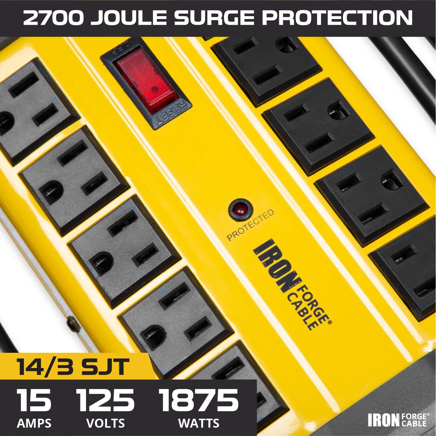 Iron Forge Cable 10 Outlet Heavy Duty Surge Protector Power Strip With Built-In Circuit Breaker, 14/3 Sjt Industrial Black & Yellow Metal Surge Suppressor With 15 Ft Long Extension Cord, Etl Certified