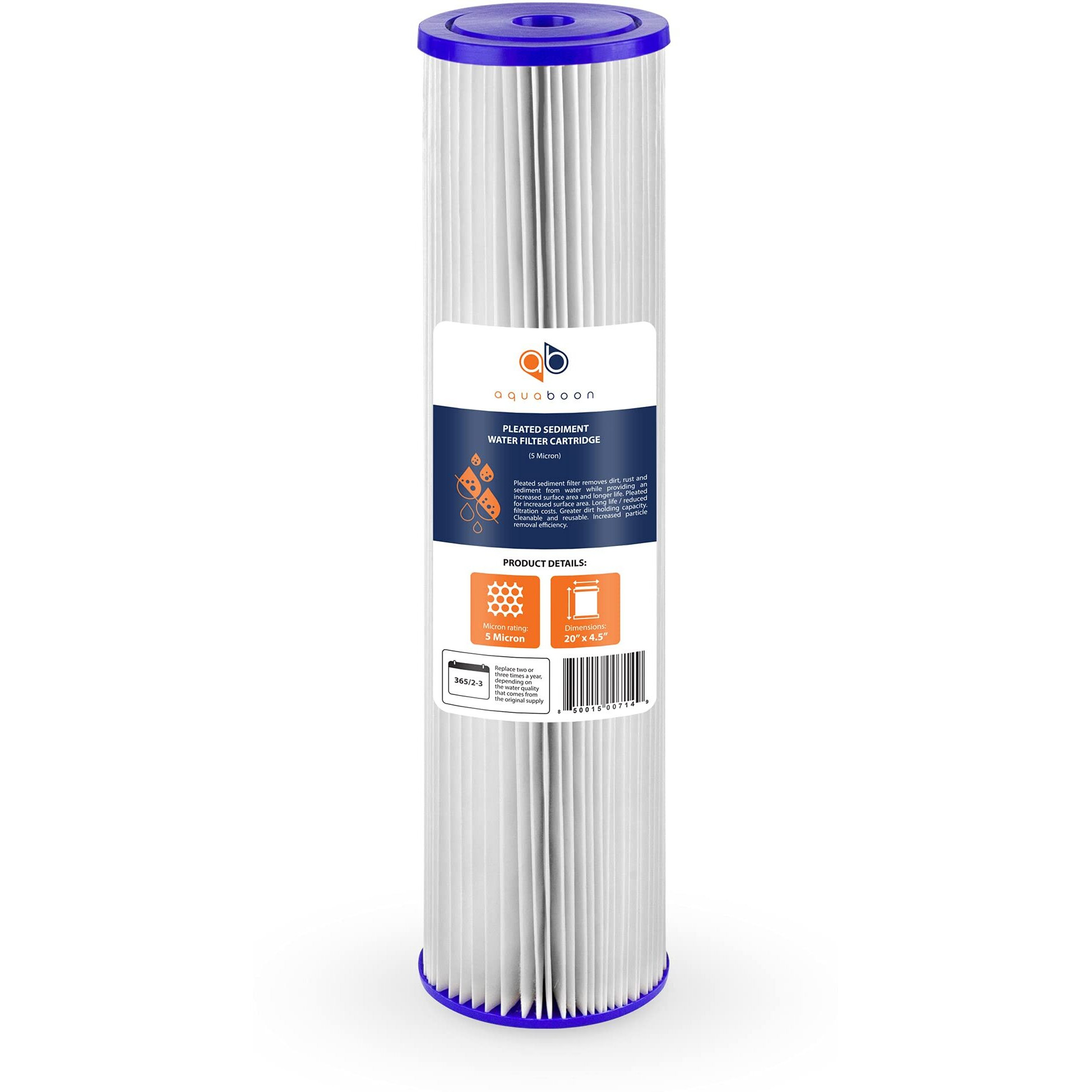 Aquaboon Whole House Sediment Water Filter - 4.5 X 20 Water Filter - 5 Micron Pleated Whole House Water Filter Cartridge Compatible W/Aquapure Ap810 2, Pentek Ecp5-Bb, Hydronix Spc-45-1005 (1 Pack)