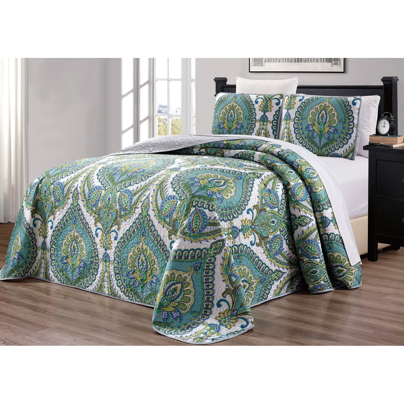 Grand Linen - 3-Piece Oversize (115 X 95) Fine Printed Prewashed Quilt Set Reversible Bedspread Coverlet King Size Bed Cover (Turquoise Blue, Grey, White, Sage Green)