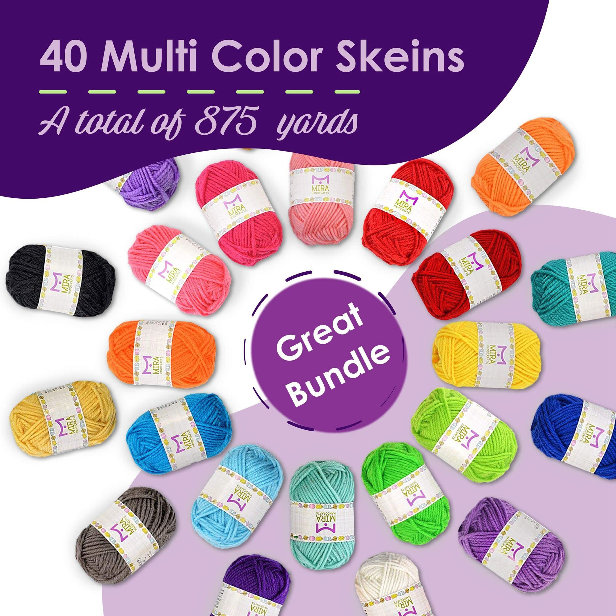 40 Assorted Colors Acrylic Yarn Skeins With 7 E-Books - 875 Yards Of Perfect Yarn For Crocheting And Knitting Mini Project - By Mira Handcrafts
