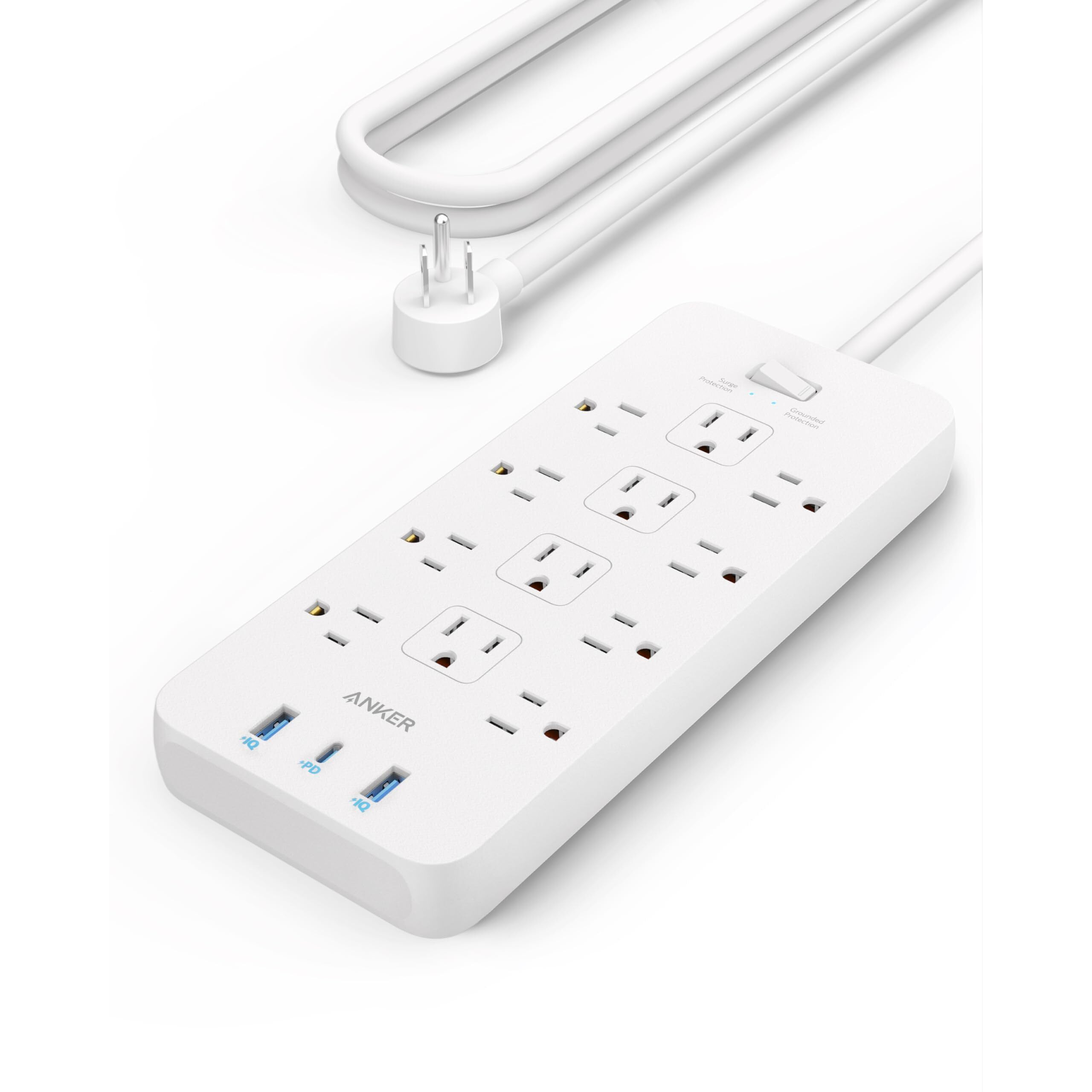 Anker Power Strip Surge Protector (2100J), 12 Outlets With 3 Usb Ports For Iphone 15/15 Plus/15 Pro/15 Pro Max, 5Ft, Flat Plug, 20W Power Delivery Charging For Home, Office, Tuv Listed(White)