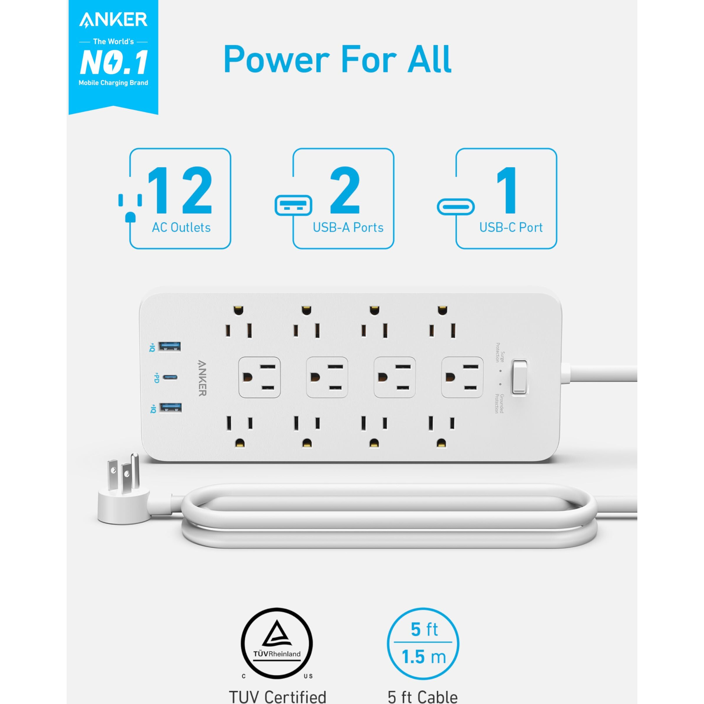 Anker Power Strip Surge Protector (2100J), 12 Outlets With 3 Usb Ports For Iphone 15/15 Plus/15 Pro/15 Pro Max, 5Ft, Flat Plug, 20W Power Delivery Charging For Home, Office, Tuv Listed(White)