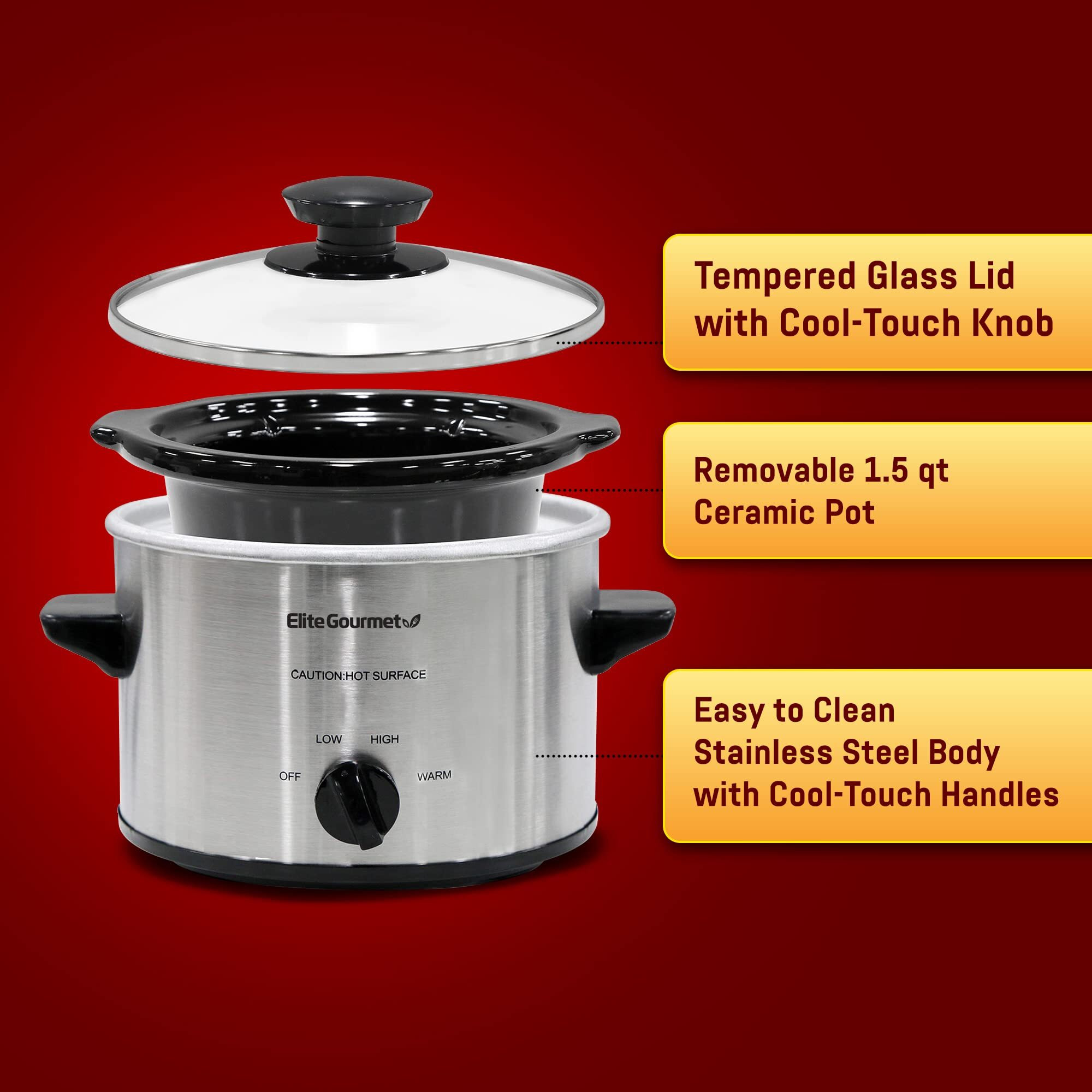 Elite Gourmet Mst-250Xs Electric Slow Cooker Ceramic Pot, With Adjustable Temp, Entrees, Sauces, Soups, Roasts, Stews & Dips, Dishwasher Safe (1.5 Quart, Stainless Steel)
