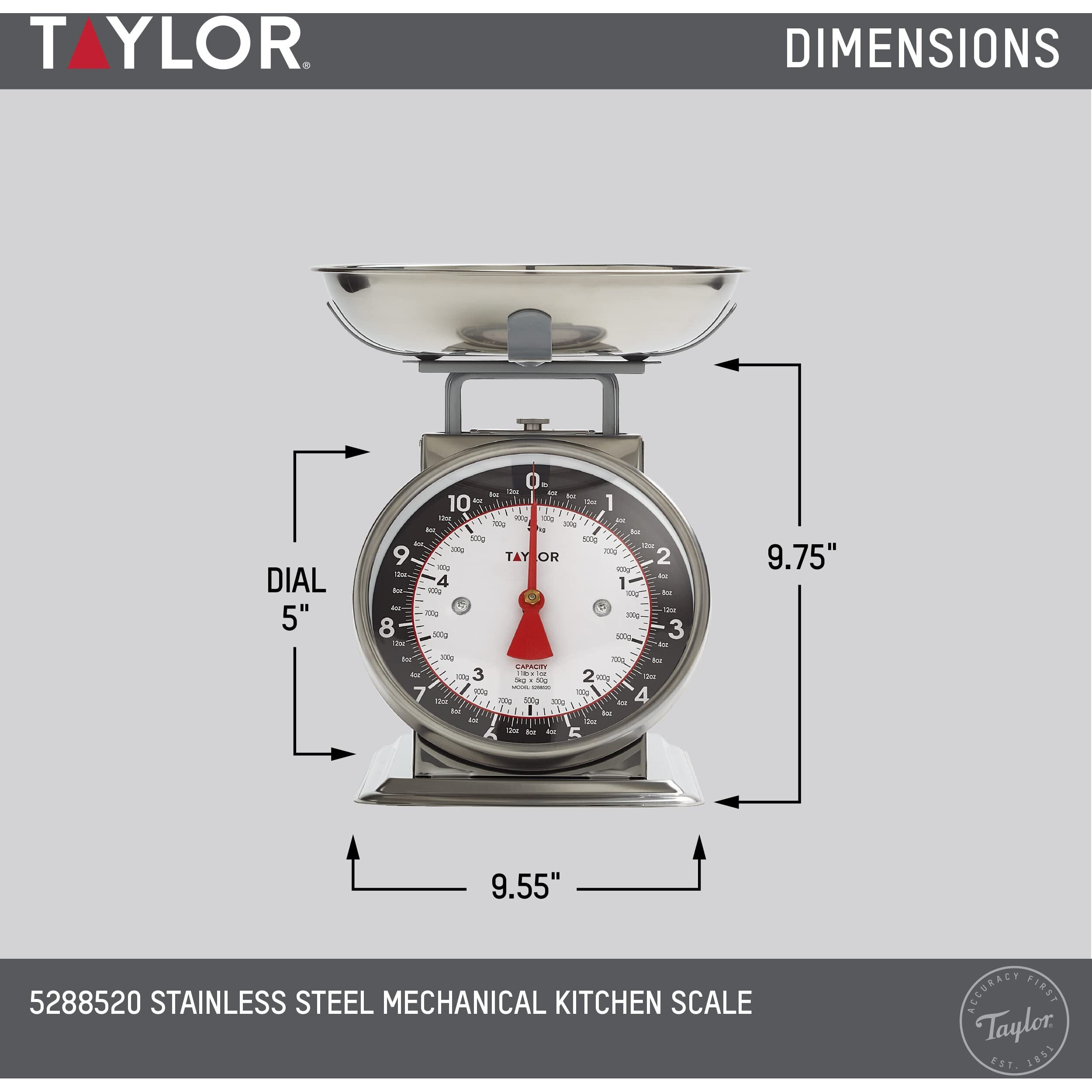 Taylor Mechanical Kitchen Weighing Food Scale With Bowl, Weighs Up To 11Lbs, Measures In Grams And Ounces, Food Scales For Kitchen, Black And Silver