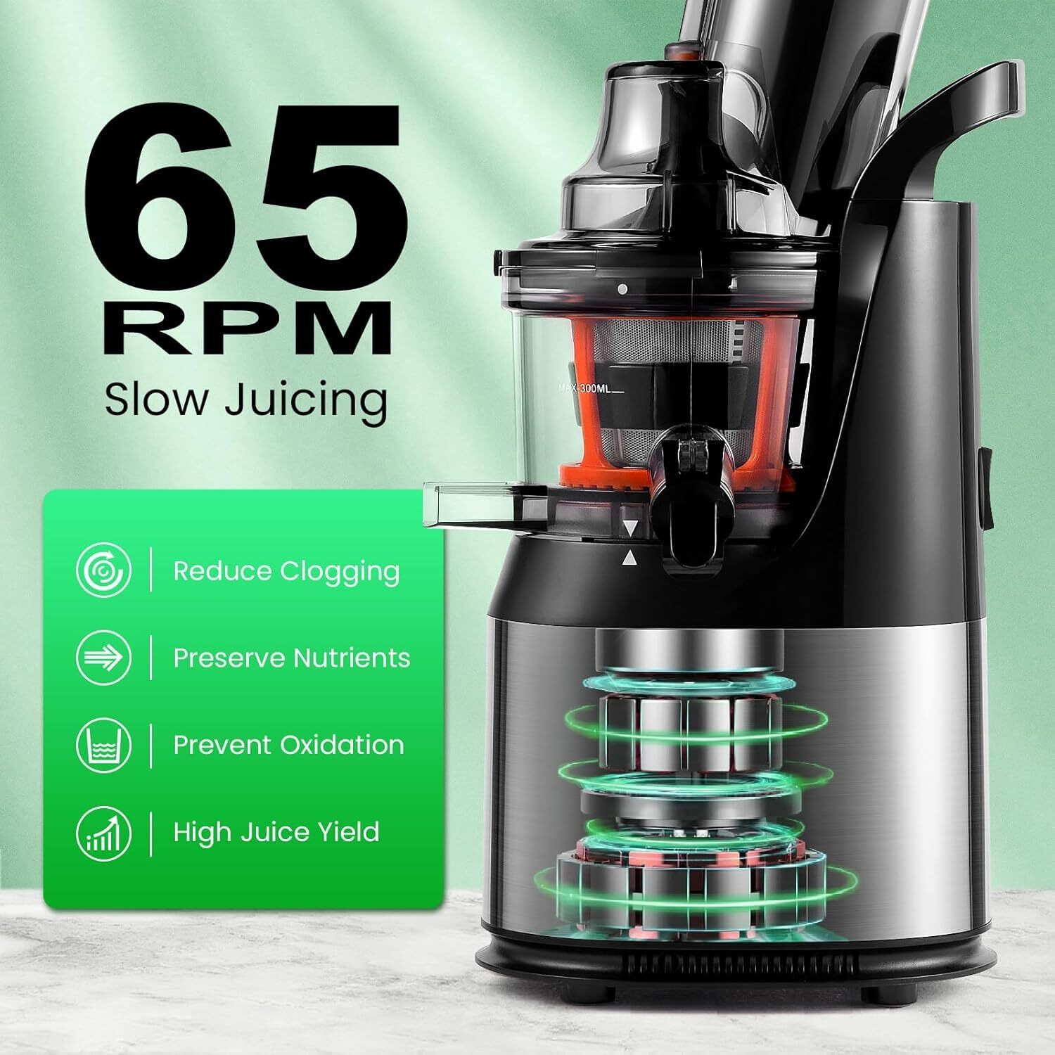Ventray Slow Masticating Juicer, Powerful Cold Press Juicer With 3-Inch Large Feed Chute, Electric Masticating Juice Extractor For Vegetables And Fruits, Easy To Clean, Bpa Free