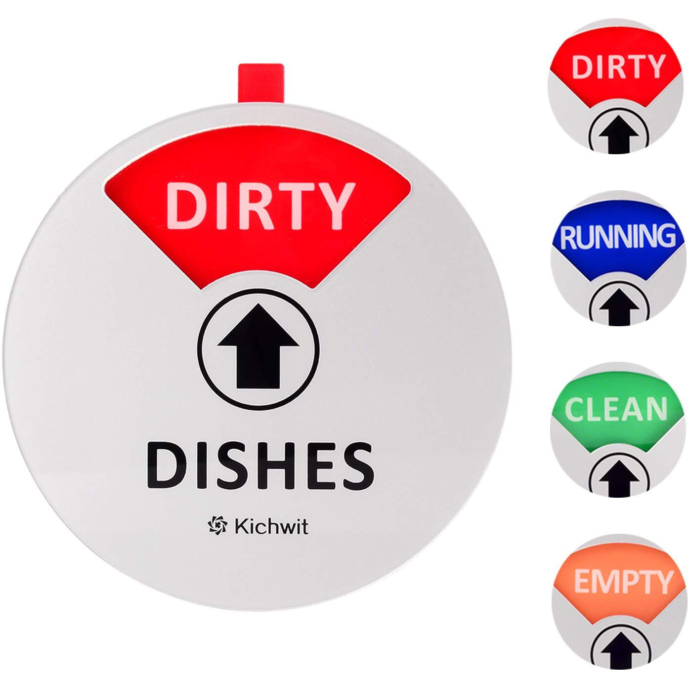 Kichwit Dishwasher Magnet Clean Dirty Sign Indicator With Running And Empty Options, Works On All Dishwashers, Non-Scratch Strong Magnetic Backing, Residue Free Adhesive Included, 4 Inch, Silver