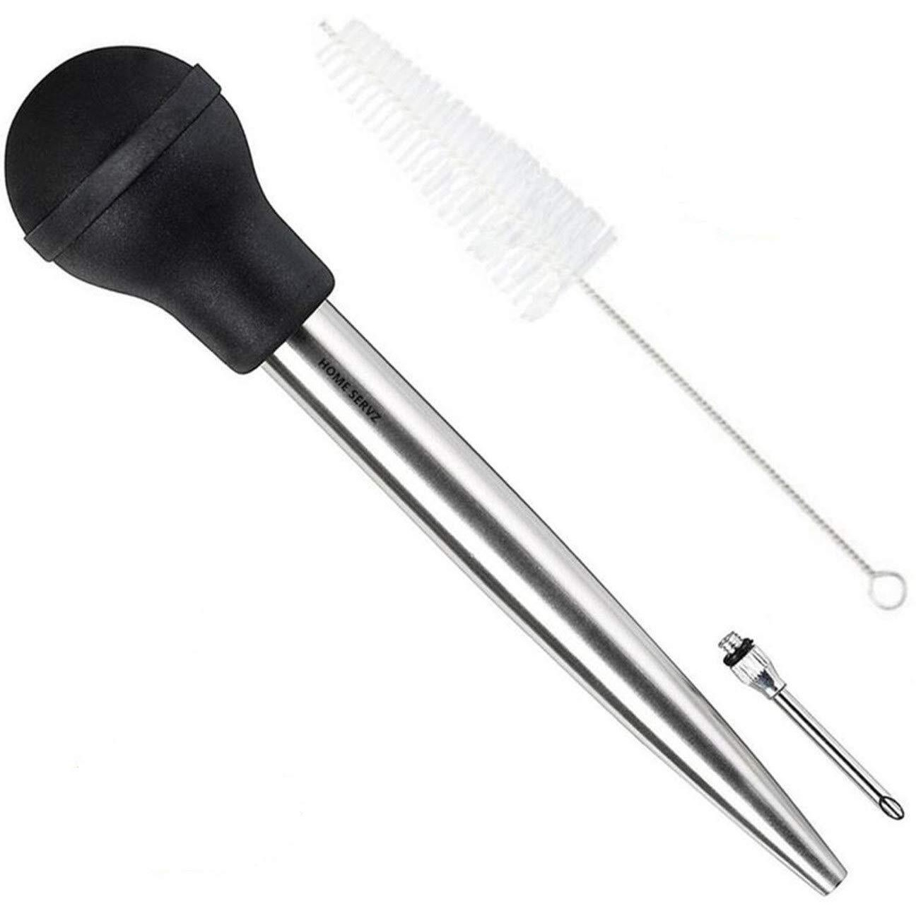Home Servz 304 Stainless Steel Turkey Baster Syringe Injector Needle With Cleaning Brush- Black Rubber Bulb