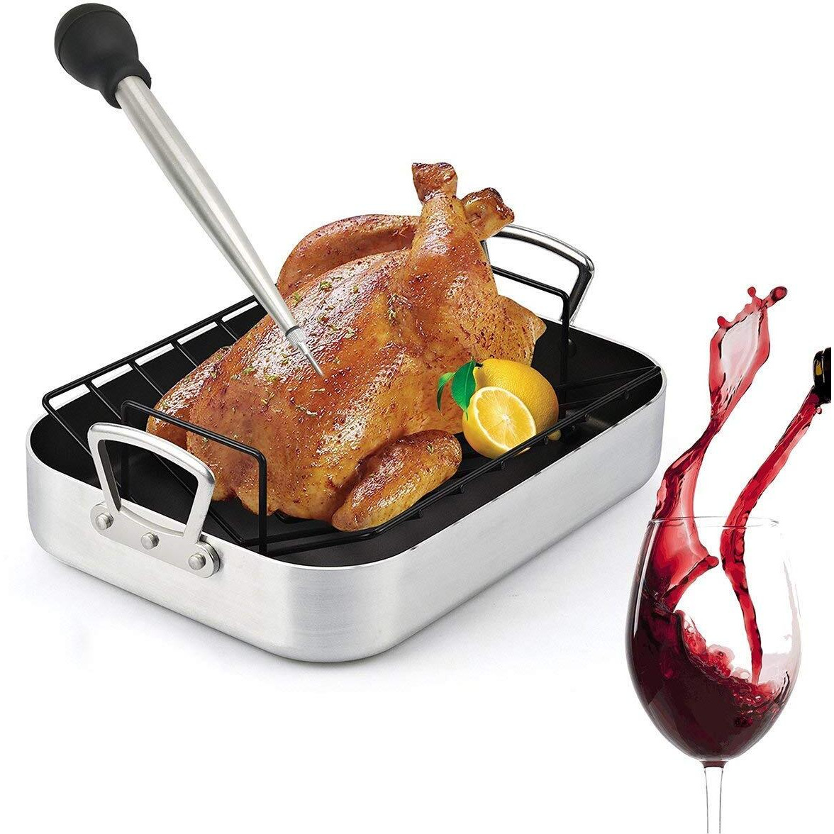 Home Servz 304 Stainless Steel Turkey Baster Syringe Injector Needle With Cleaning Brush- Black Rubber Bulb