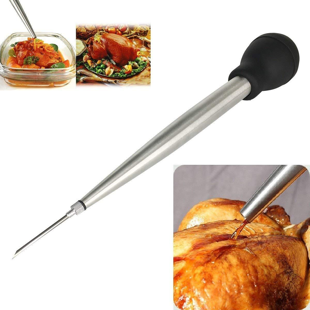Home Servz 304 Stainless Steel Turkey Baster Syringe Injector Needle With Cleaning Brush- Black Rubber Bulb