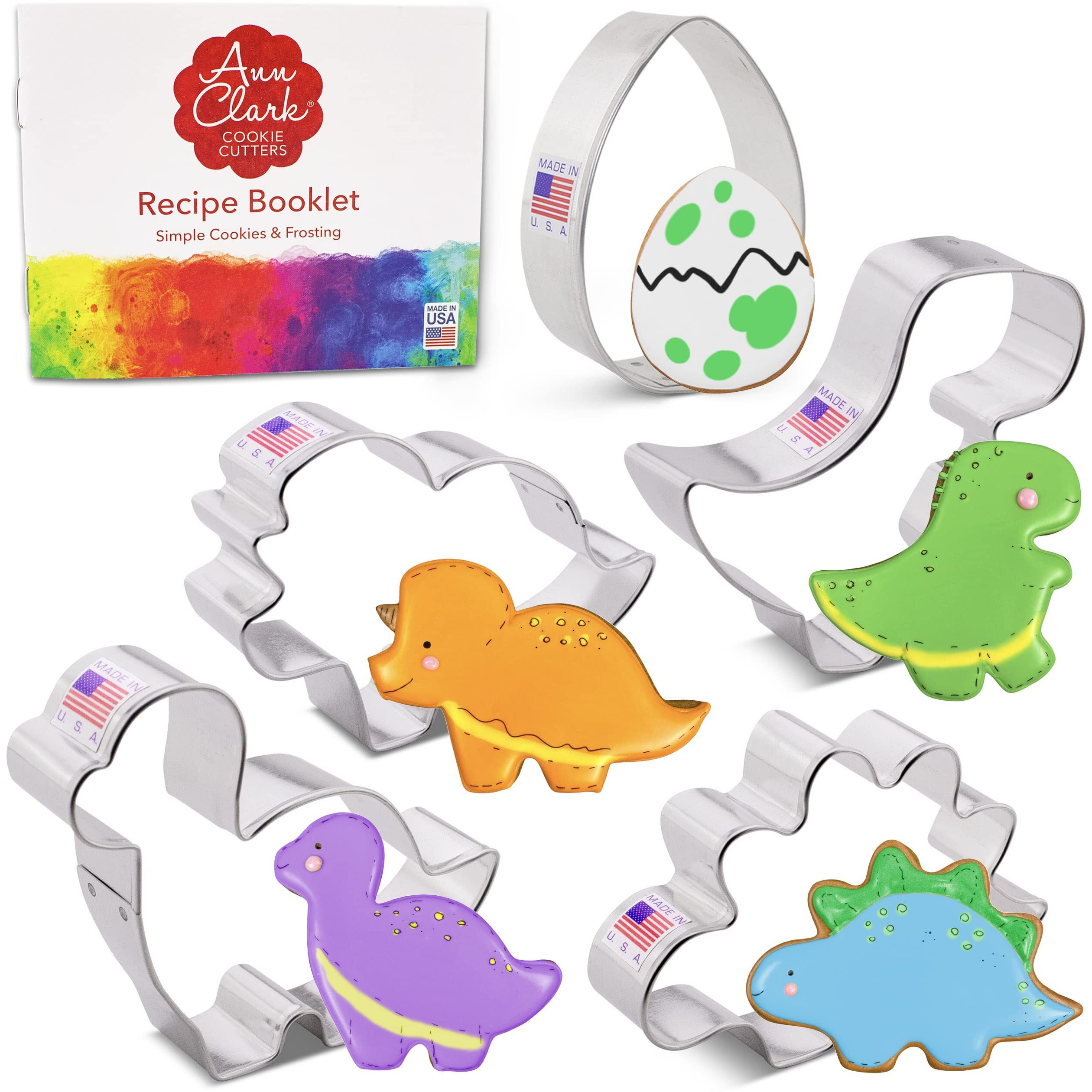 Dinosaur Cookie Cutters 5-Pc. Set Made In Usa By Ann Clark, T-Rex, Brontosaurus, Stegosaurus, Triceratops, Dino Egg