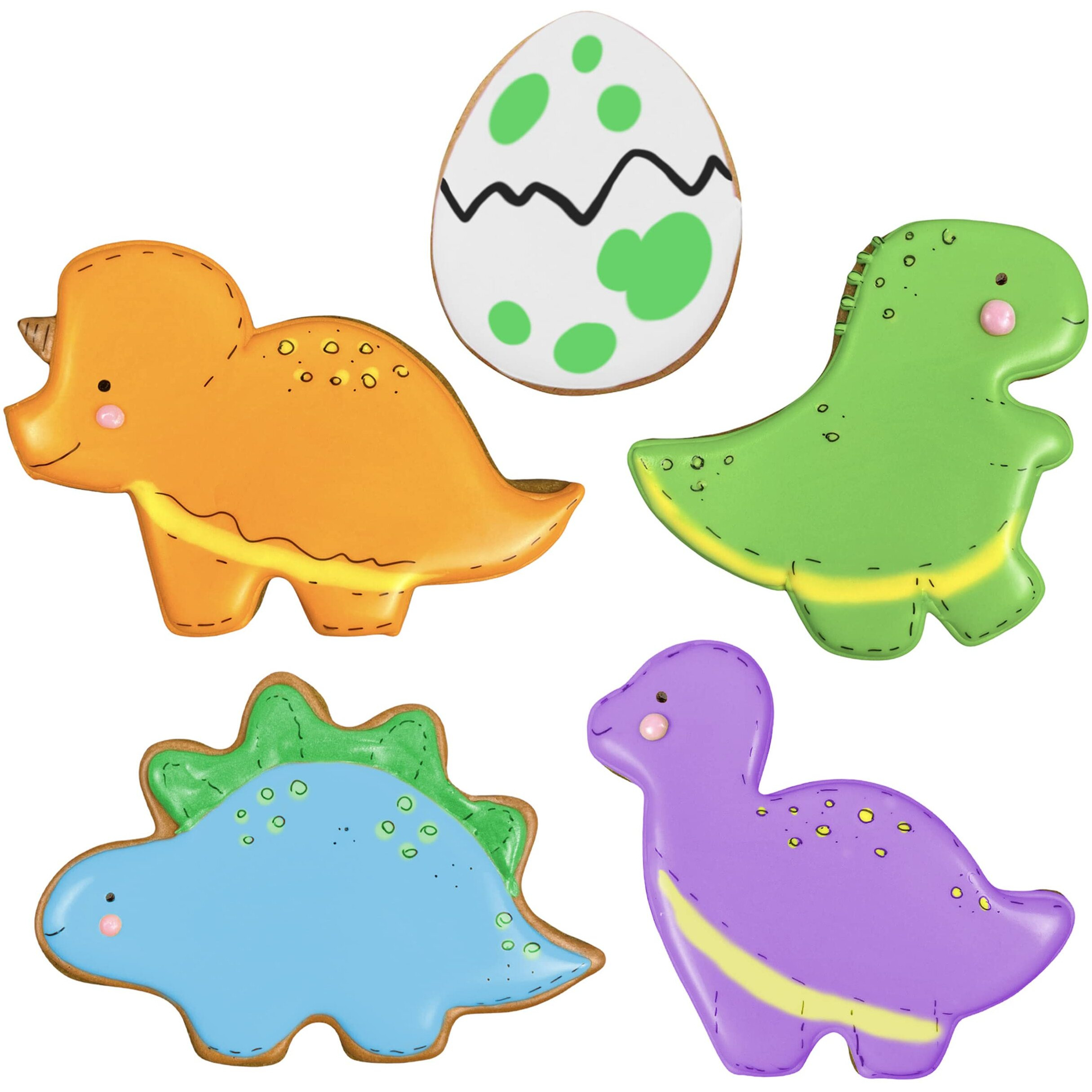 Dinosaur Cookie Cutters 5-Pc. Set Made In Usa By Ann Clark, T-Rex, Brontosaurus, Stegosaurus, Triceratops, Dino Egg