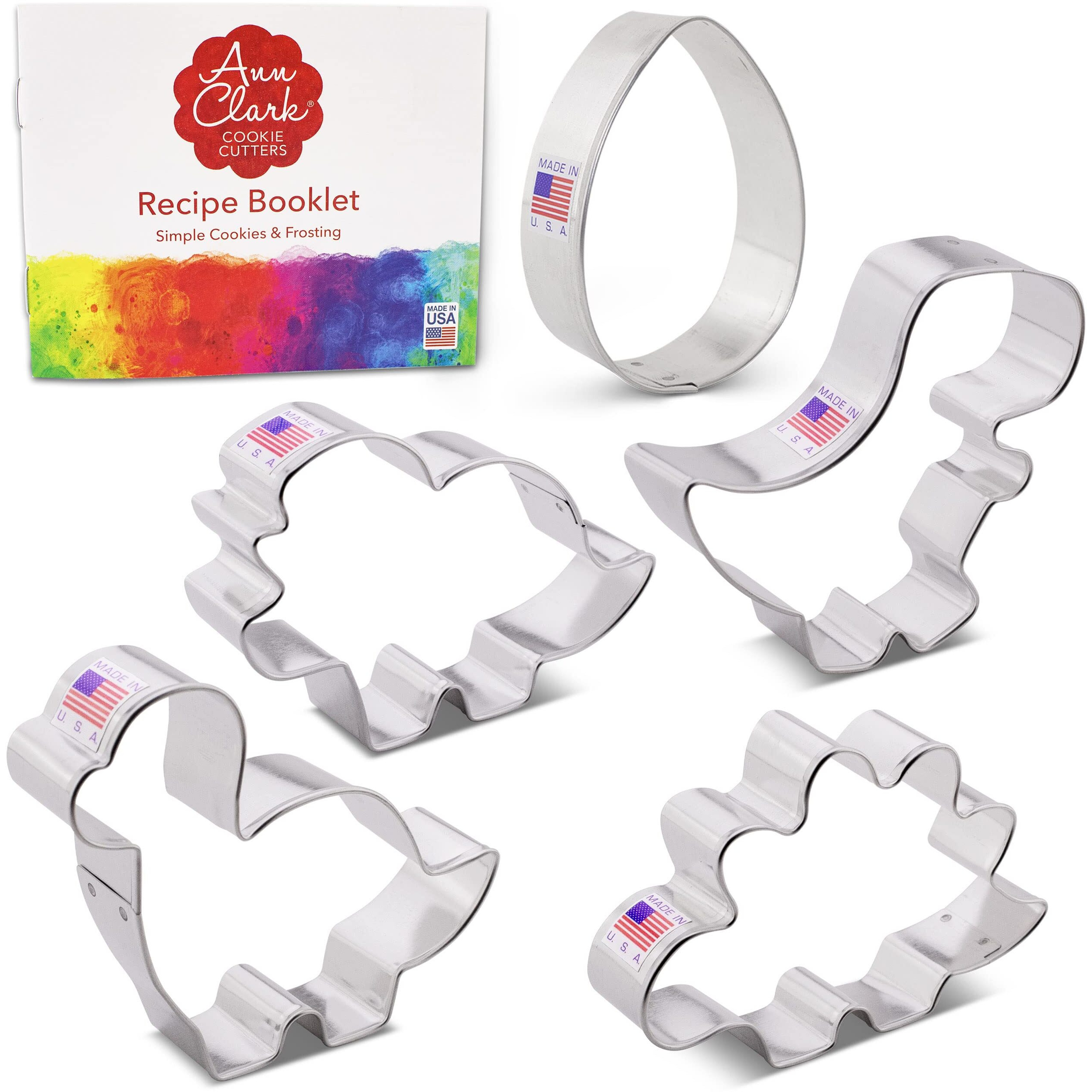 Dinosaur Cookie Cutters 5-Pc. Set Made In Usa By Ann Clark, T-Rex, Brontosaurus, Stegosaurus, Triceratops, Dino Egg
