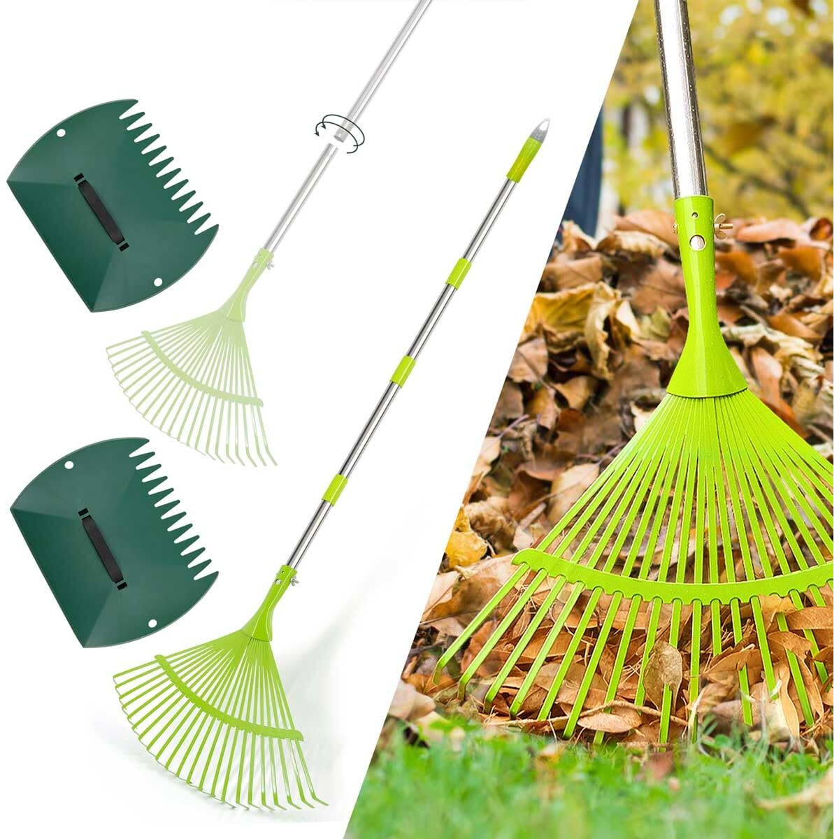 Altdorff Leaf Rake Set, 37-65Inch Steel Adjustable Garden Rakes For Leaves, 15 Wide Lawn Rake With Two Lightweight Leaf Scoop-Gardening Grabbers For Leaf Lawn Grass Removal