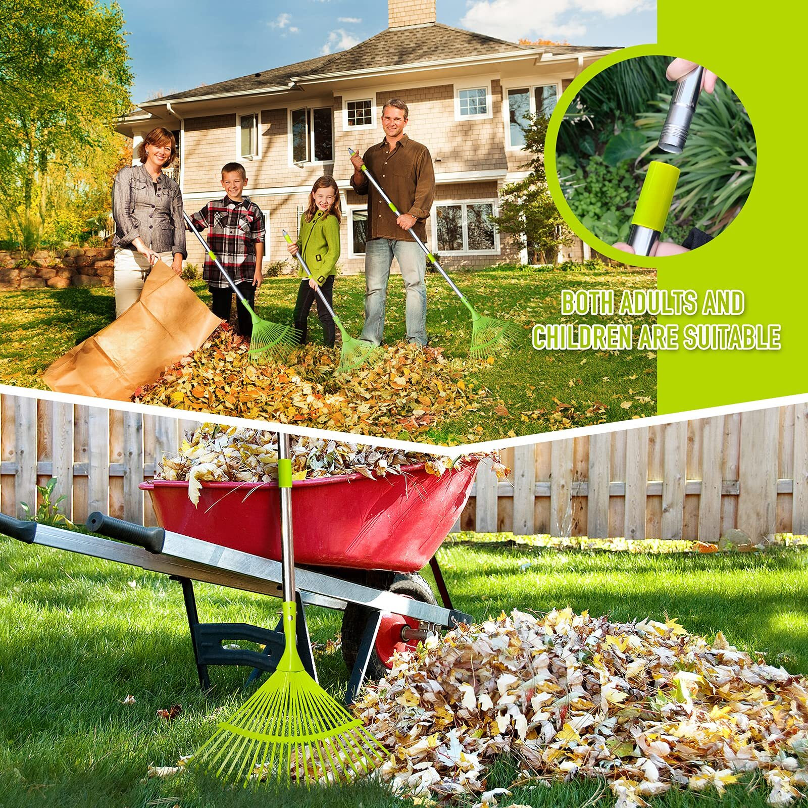 Altdorff Leaf Rake Set, 37-65Inch Steel Adjustable Garden Rakes For Leaves, 15 Wide Lawn Rake With Two Lightweight Leaf Scoop-Gardening Grabbers For Leaf Lawn Grass Removal