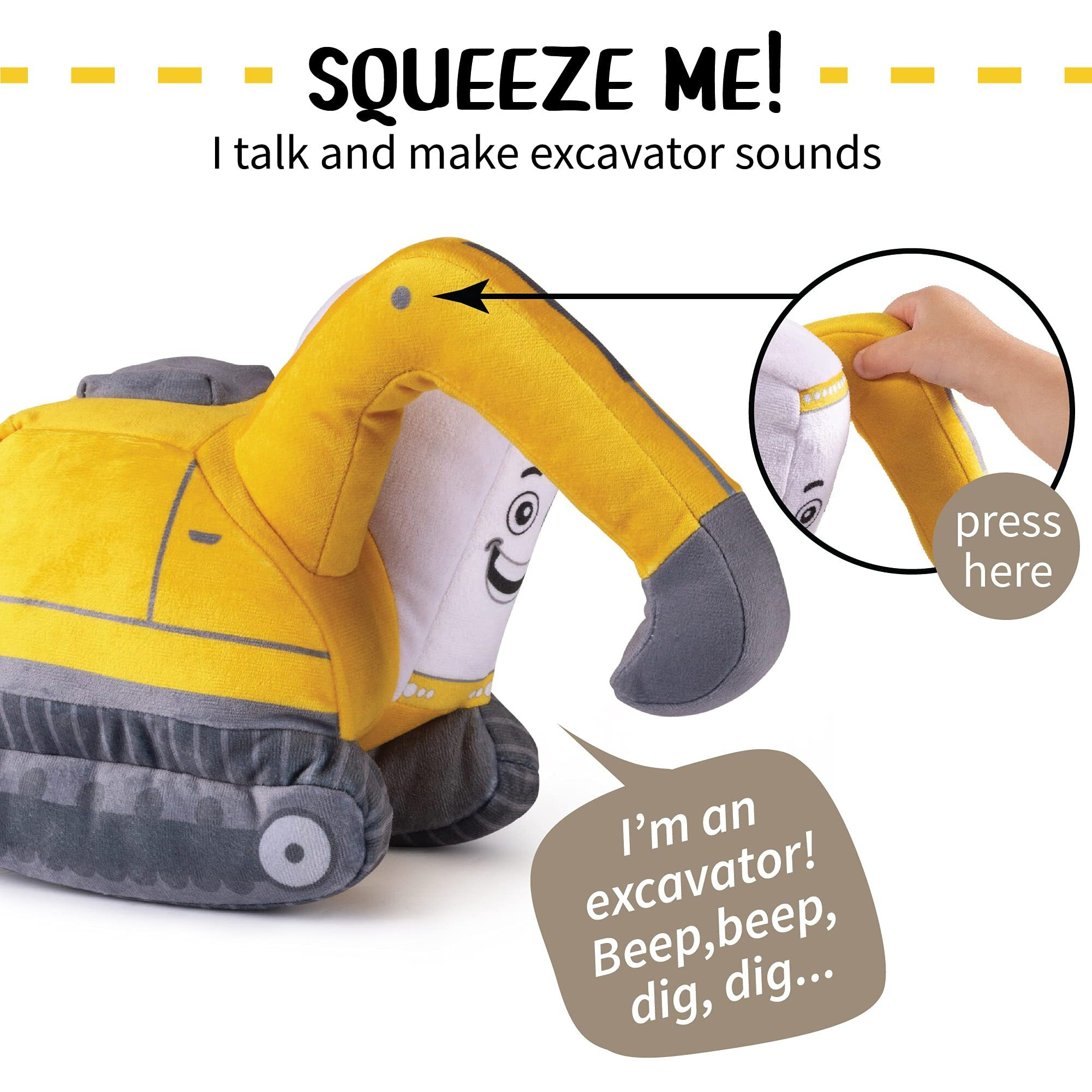 Plush Creations Excavator Toy Figure, Plush Construction Stuffed Truck, Interactive Excavator Truck Toy For Toddlers