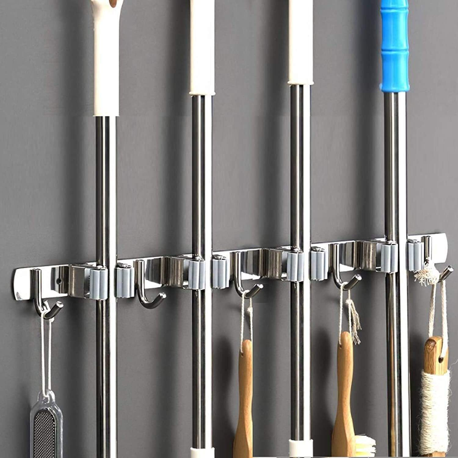 Saxhorn Broom Mop Holder Wall Mount Stainless Steel Tool Hanger Storage Organizer For Home, Kitchen, Garage, Garden, Laundry Room, Bathroom Organization And Storage(4 Racks 5 Hooks)