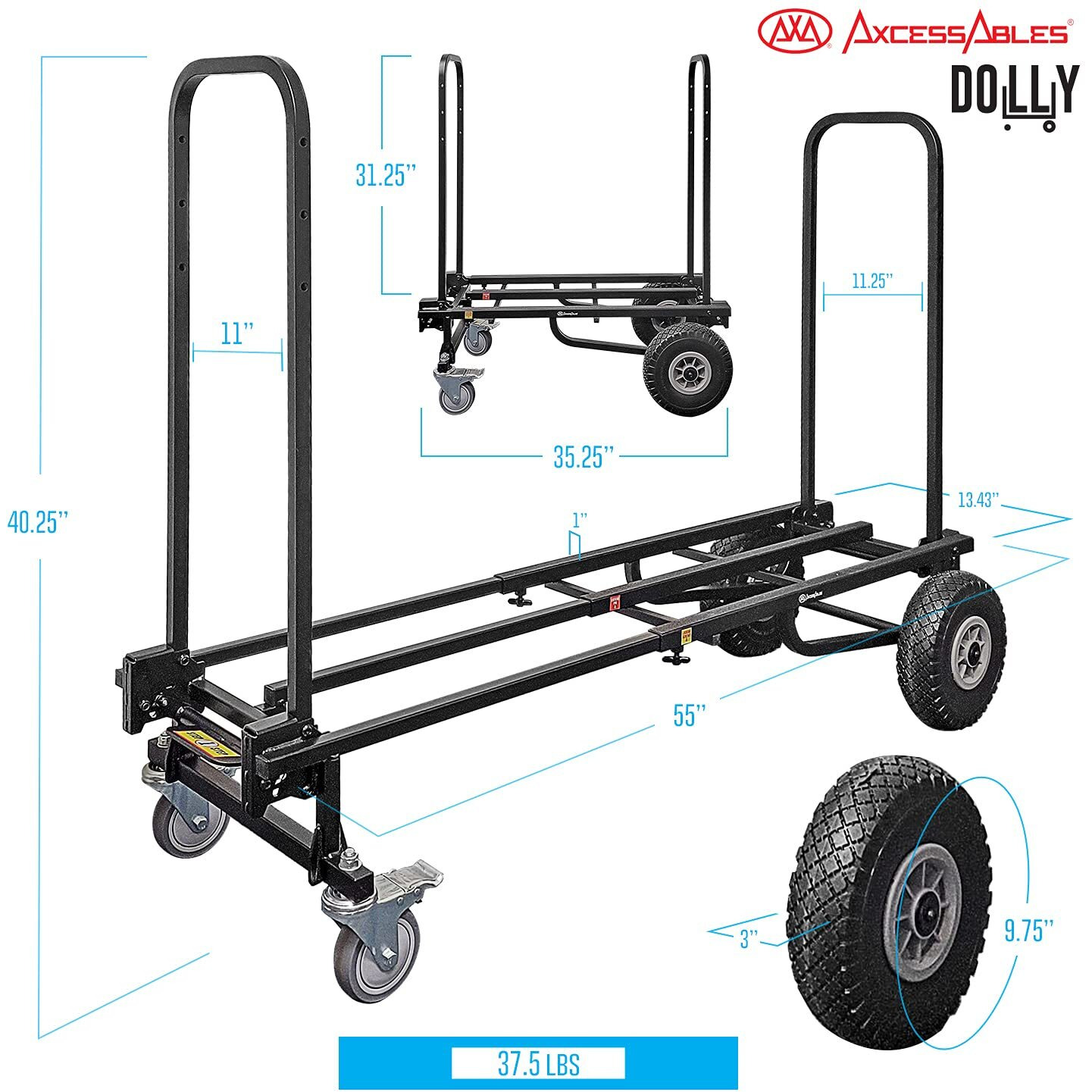 Axcessables Heavy Duty Folding Equipment Dolly Cart With Wheels | 700Lb Capacity | Dj Equipment Cart | Moving Hand Truck Dolly | Telescoping Frame To 4.6Ft.| Production Multicart | Fully Assembled