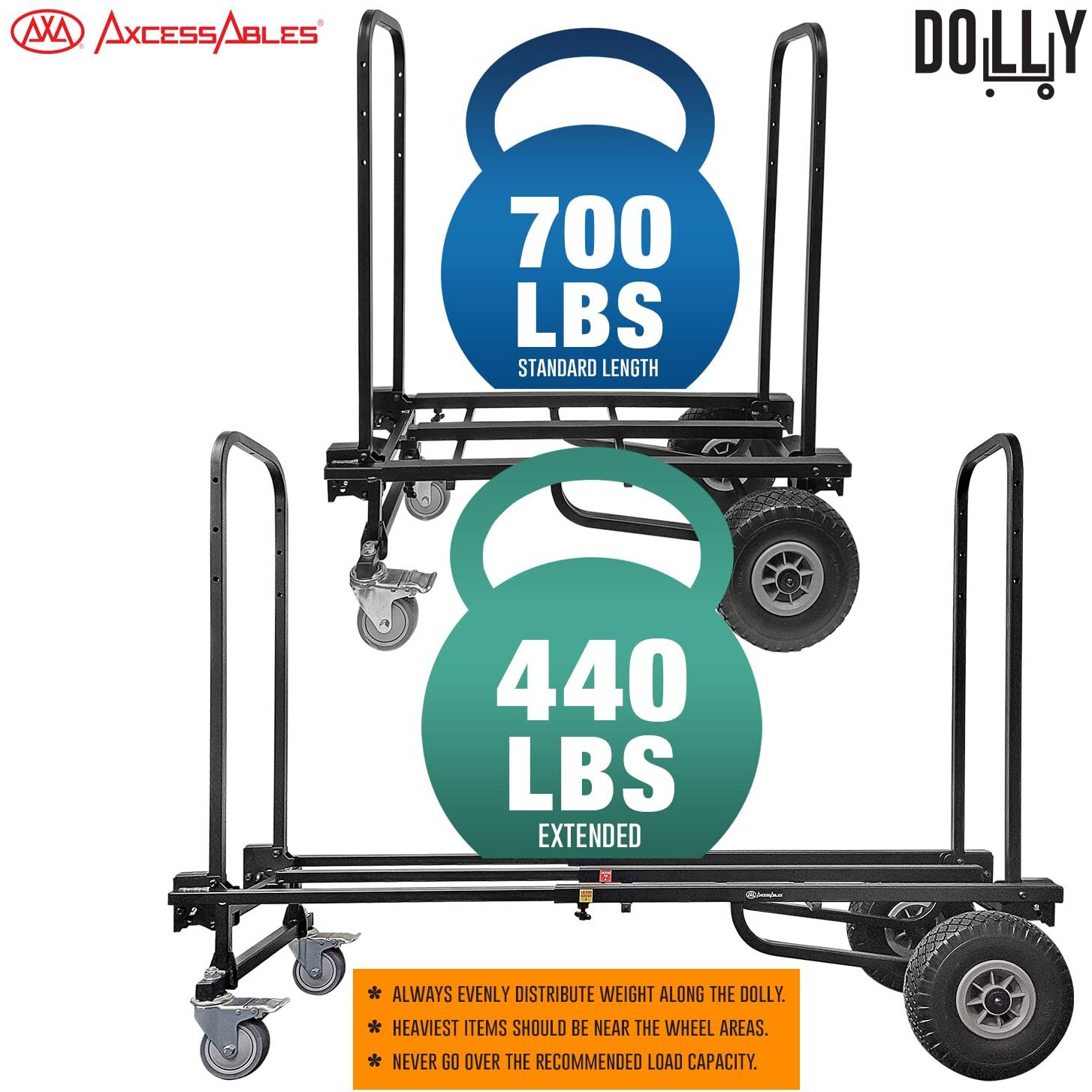 Axcessables Heavy Duty Folding Equipment Dolly Cart With Wheels | 700Lb Capacity | Dj Equipment Cart | Moving Hand Truck Dolly | Telescoping Frame To 4.6Ft.| Production Multicart | Fully Assembled