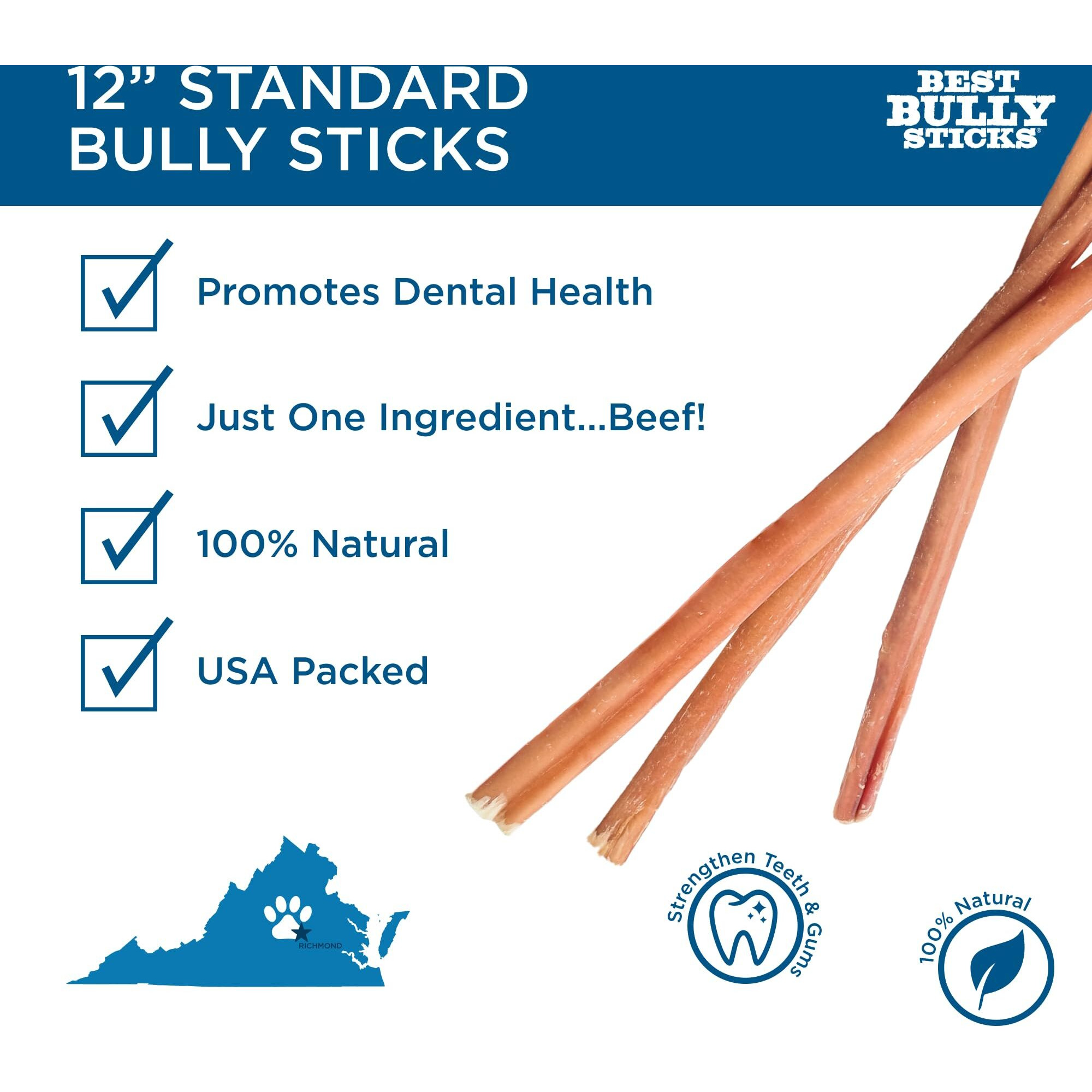 Best Bully Sticks For Dogs 12 Inch Bully Sticks, 8Oz - 100% Natural Grass-Fed Beef Dog Bully Sticks For Medium/Large Dogs - Bully Stick Dog Chews
