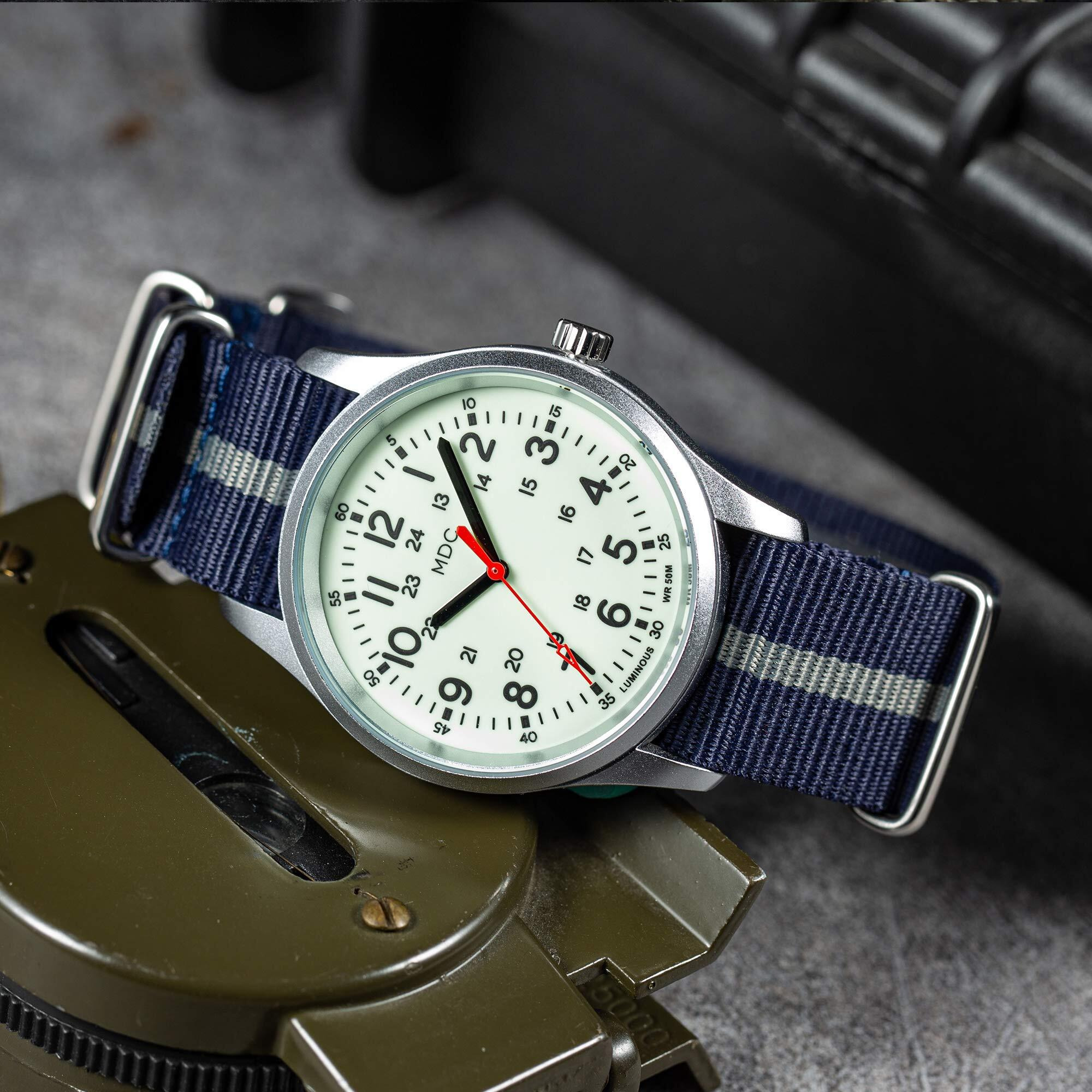 Infantry Mens Analog Watch Glow In The Dark Wrist Watches For Men Military Quartz Wristwatch Army Field Work Luminous Outdoor Sport Waterproof Blue Nylon Band