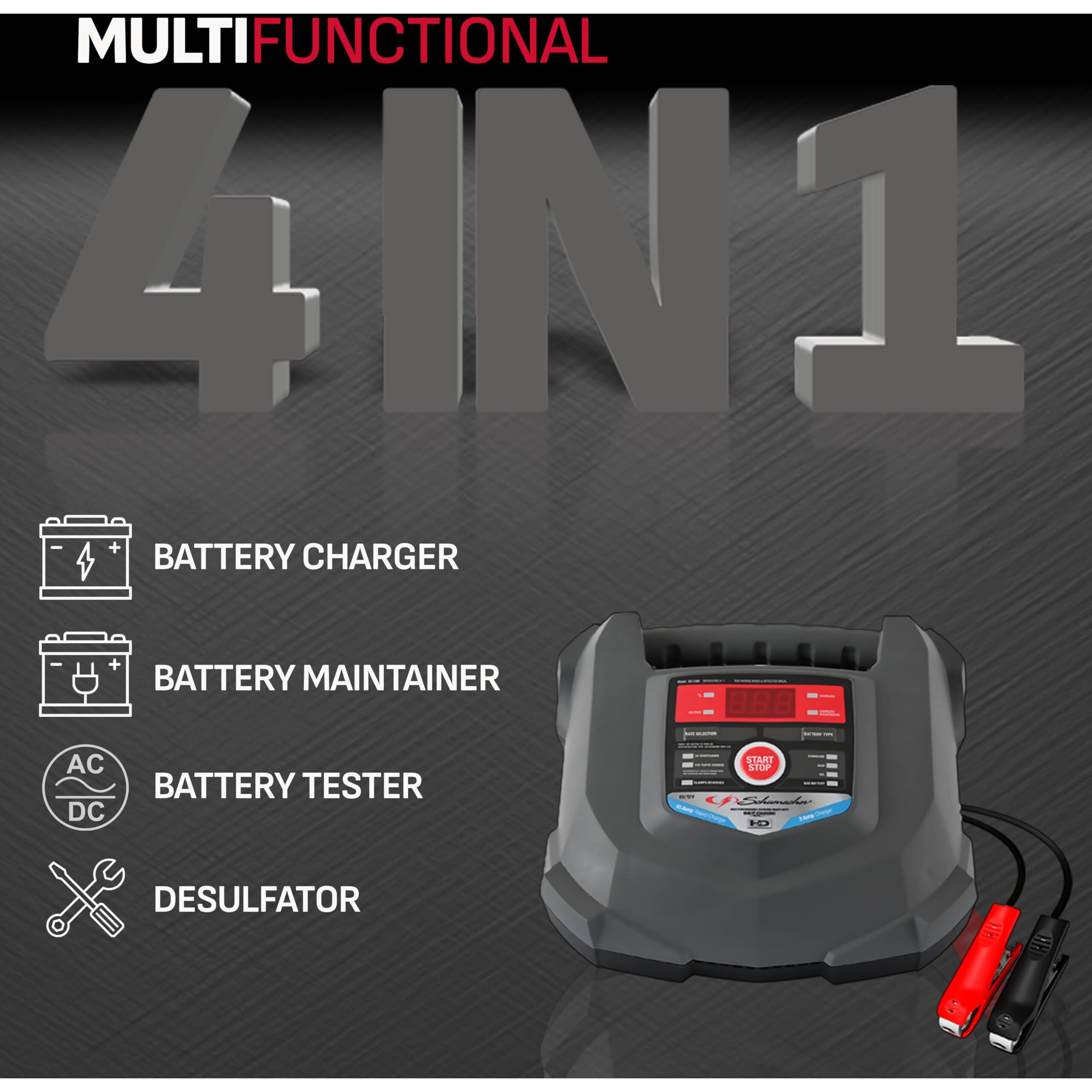 Schumacher Electric Car Battery Charger And Maintainer Sc1280 4-In-1, 15 Amp, Fully Automatic For 6V And12V Automobile Batteries - Ideal For Motorcycles, Cars, Trucks, Suvs, Marine Batteries, And More