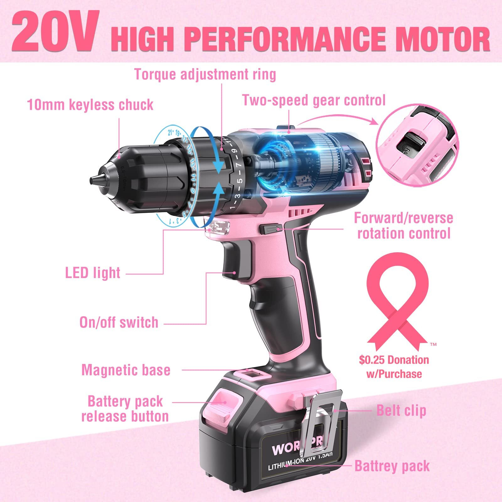 Workpro Pink Cordless 20V Lithium-Ion Drill Driver Set, 1 Battery, Charger And Storage Bag Included - Pink Ribbon