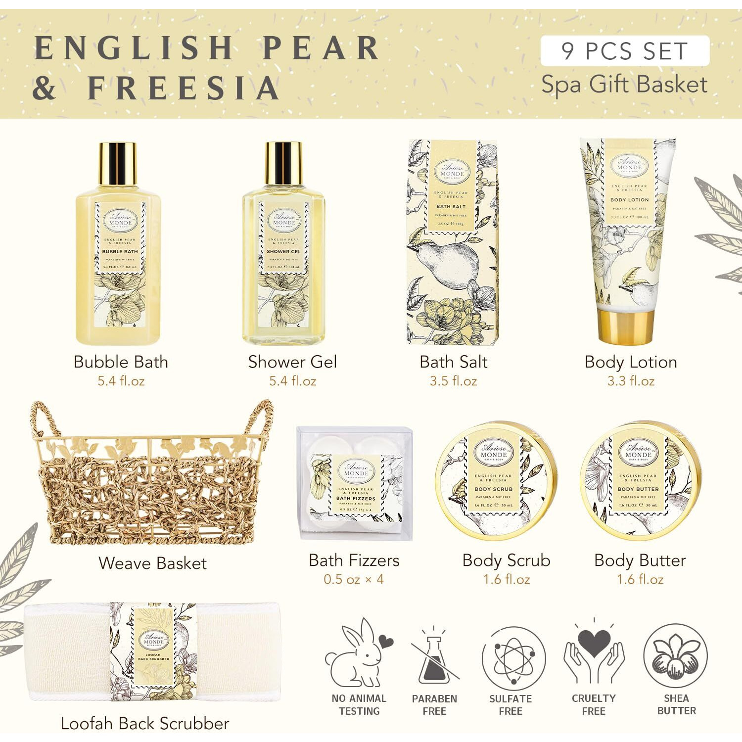 Bath & Shower Spa Gift Basket Set, With English Pear & Freesia Fragrance Bath Gift Basket For Women & Men Includes Body Lotion, Shower Gel, Bath Salts, Bubble Bath, Body Scrub And More, 9 Pcs