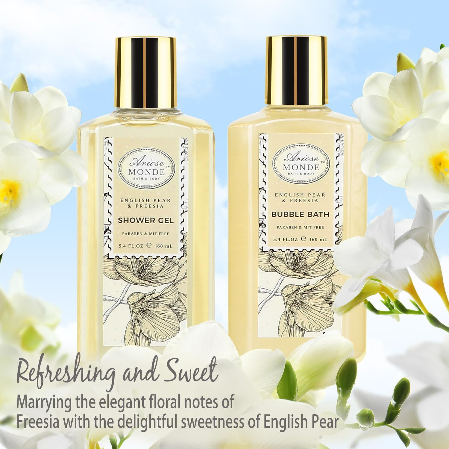 Bath & Shower Spa Gift Basket Set, With English Pear & Freesia Fragrance Bath Gift Basket For Women & Men Includes Body Lotion, Shower Gel, Bath Salts, Bubble Bath, Body Scrub And More, 9 Pcs