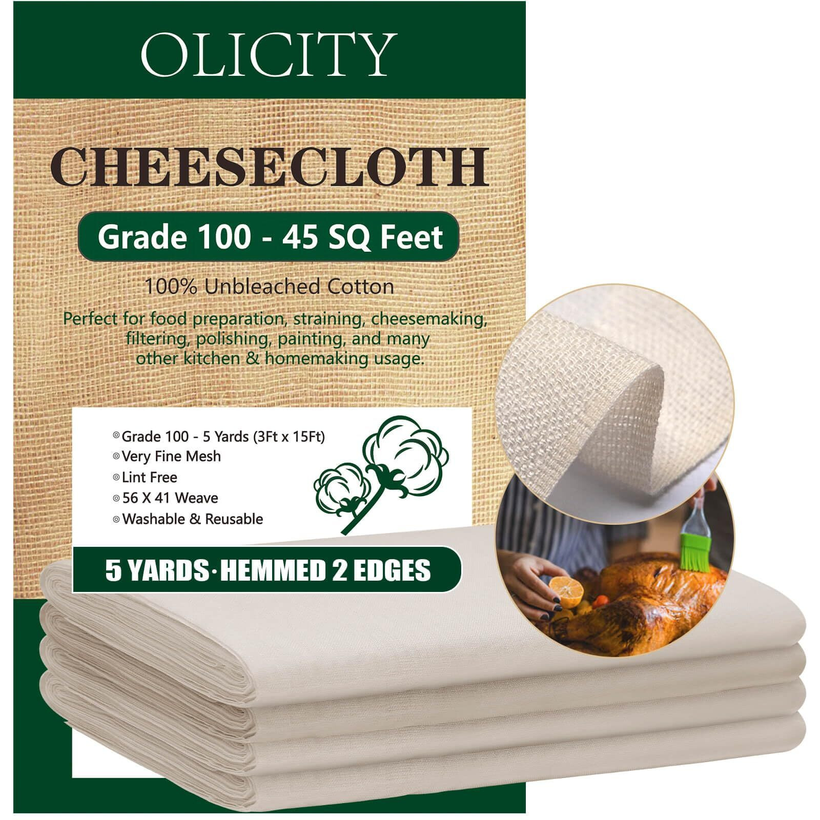 Olicity Cheese Cloths, Grade 100, 45 Sq Feet, Reusable Cheese Cloth With Closed Edges Fabric Fine Mesh Cloth, Unbleached Cotton Muslin Cheesecloth For Straining, Baking, Milk, Free Cutting - 5 Yards