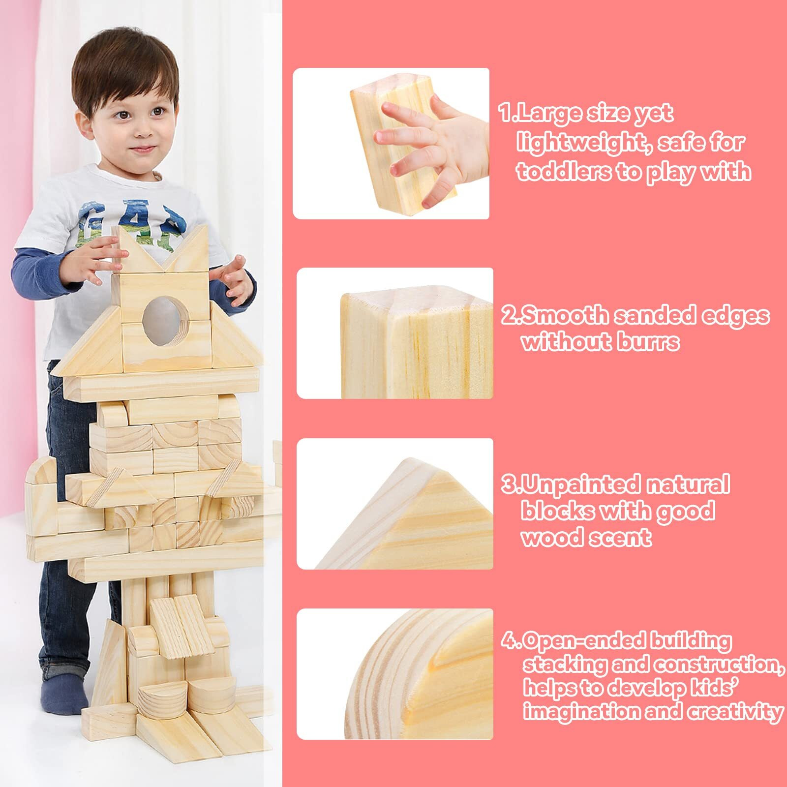 Onshine Large Wooden Blocks For Toddlers 1-3, 64 Pieces Big Wood Building Blocks Set With Wooden Storage Box, Large Toddler Blocks Building And Stacking Toys Construction Set